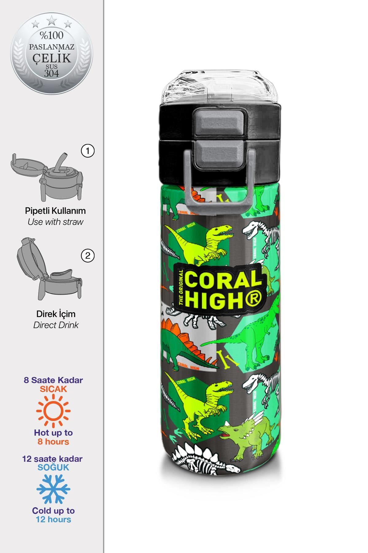 Coral High Kids Gri Yeşil Dinozor Desenli Pipetli ve Direkt İçim Çelik Termos 500 ml 31976