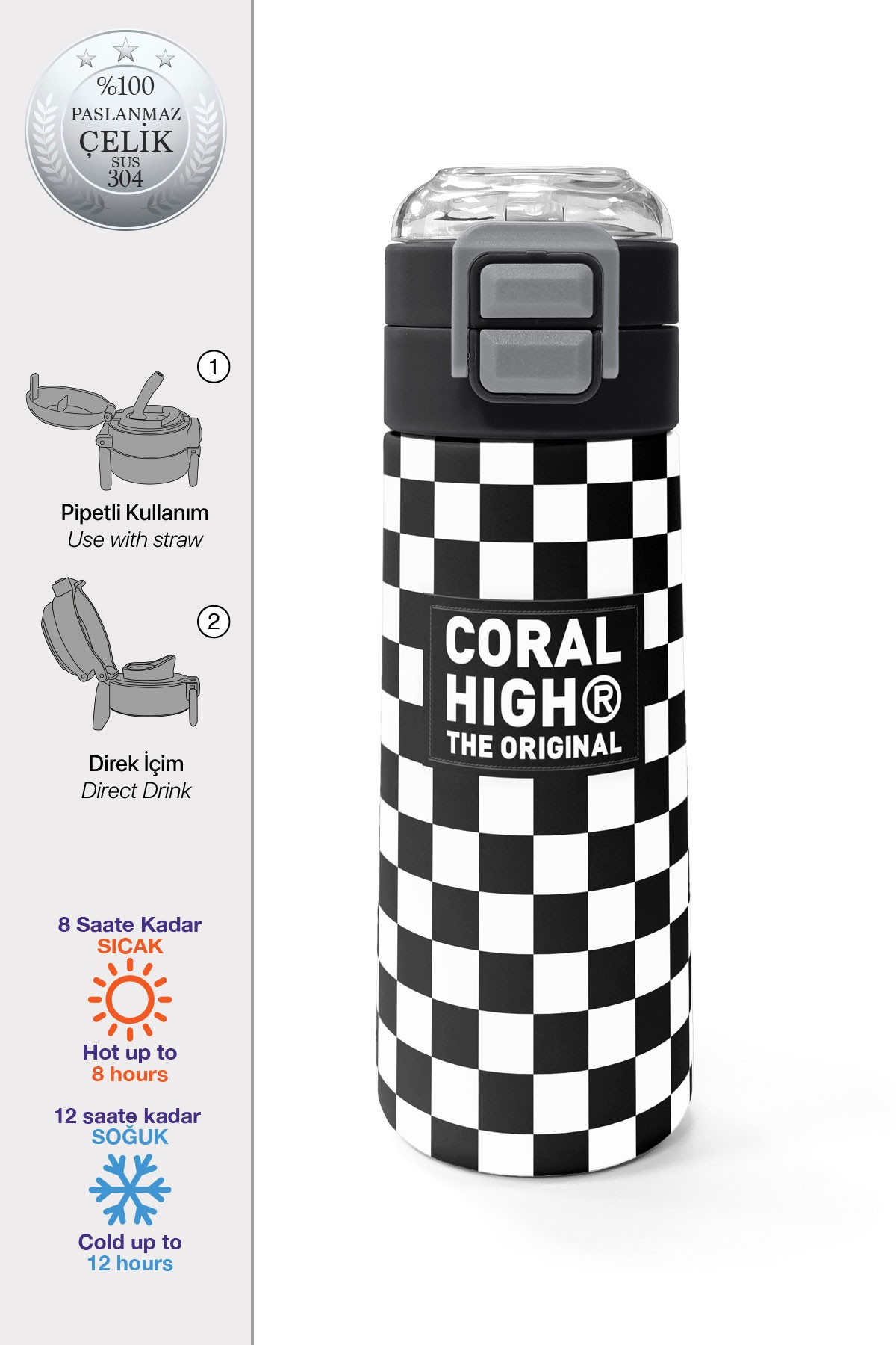 Coral High Kids Siyah Beyaz Dama Desenli Pipetli ve Direkt İçim Çelik Termos 500 ml 31877