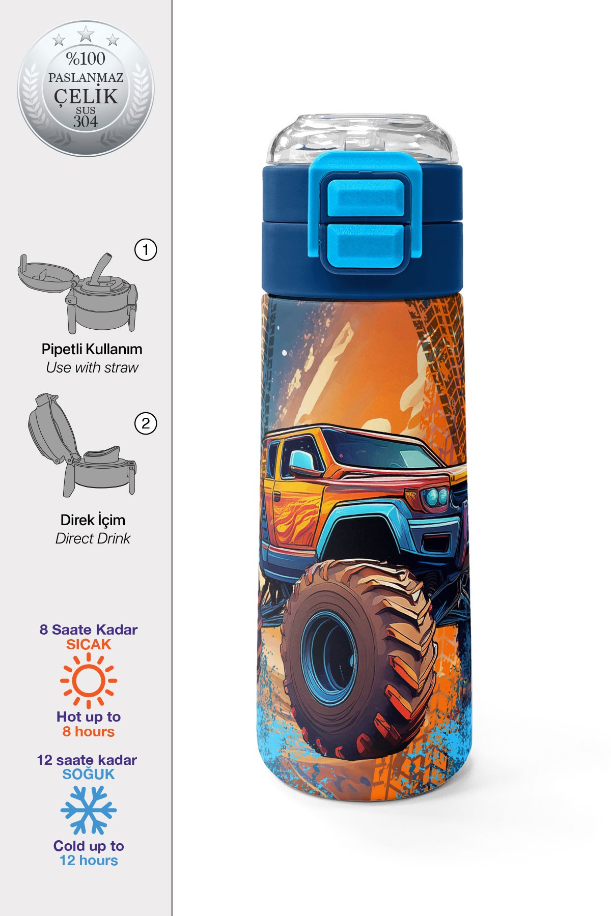 Coral High Kids Turuncu High Wheels Truck Desenli Pipetli ve Direkt İçim Çelik Termos 500 ml 31994