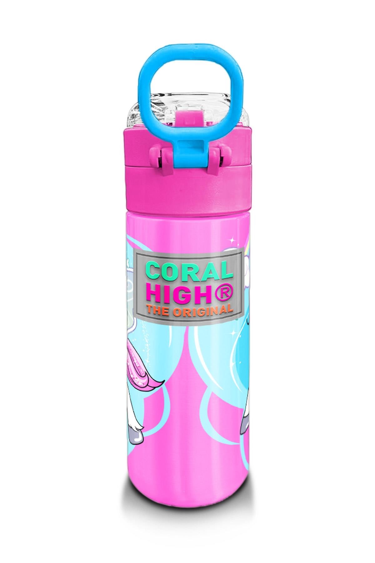 Coral High Kids Mavi Neon Pembe Unicorn Desenli Pipetli ve Direkt İçim Çelik Termos 500 ml 31925