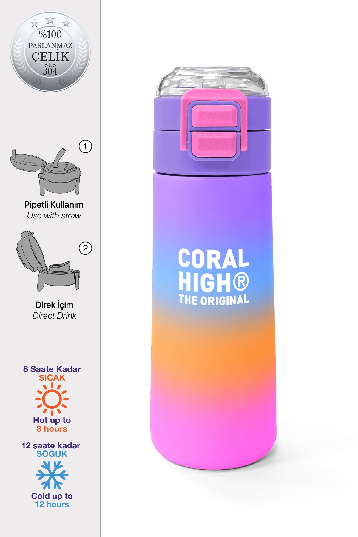 Coral High Kids Renk Geçişli Desenli Pipetli ve Direkt İçim Çelik Termos 500 ml 31875