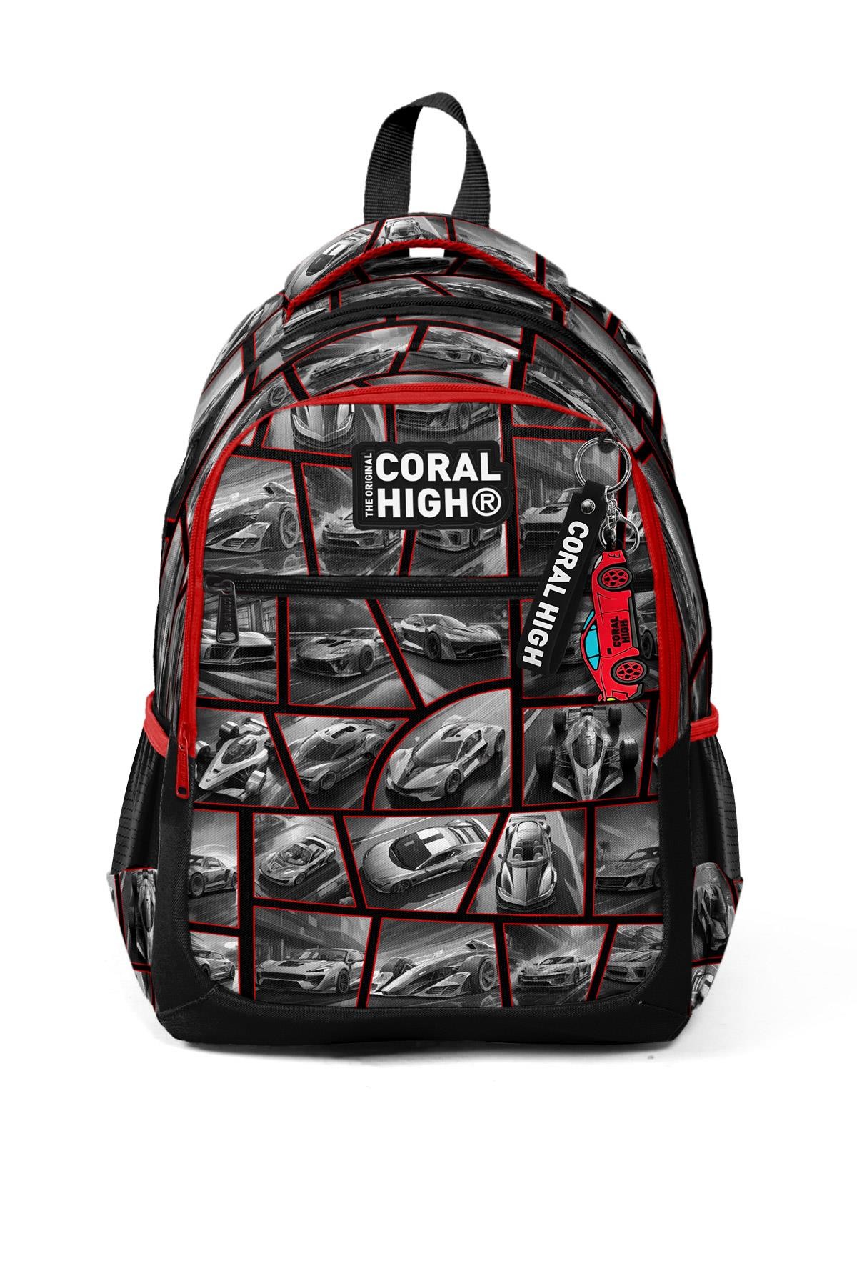 Coral High Kids Siyah Kırmızı Araba Desenli Üç Bölmeli Okul Sırt Çantası 14429