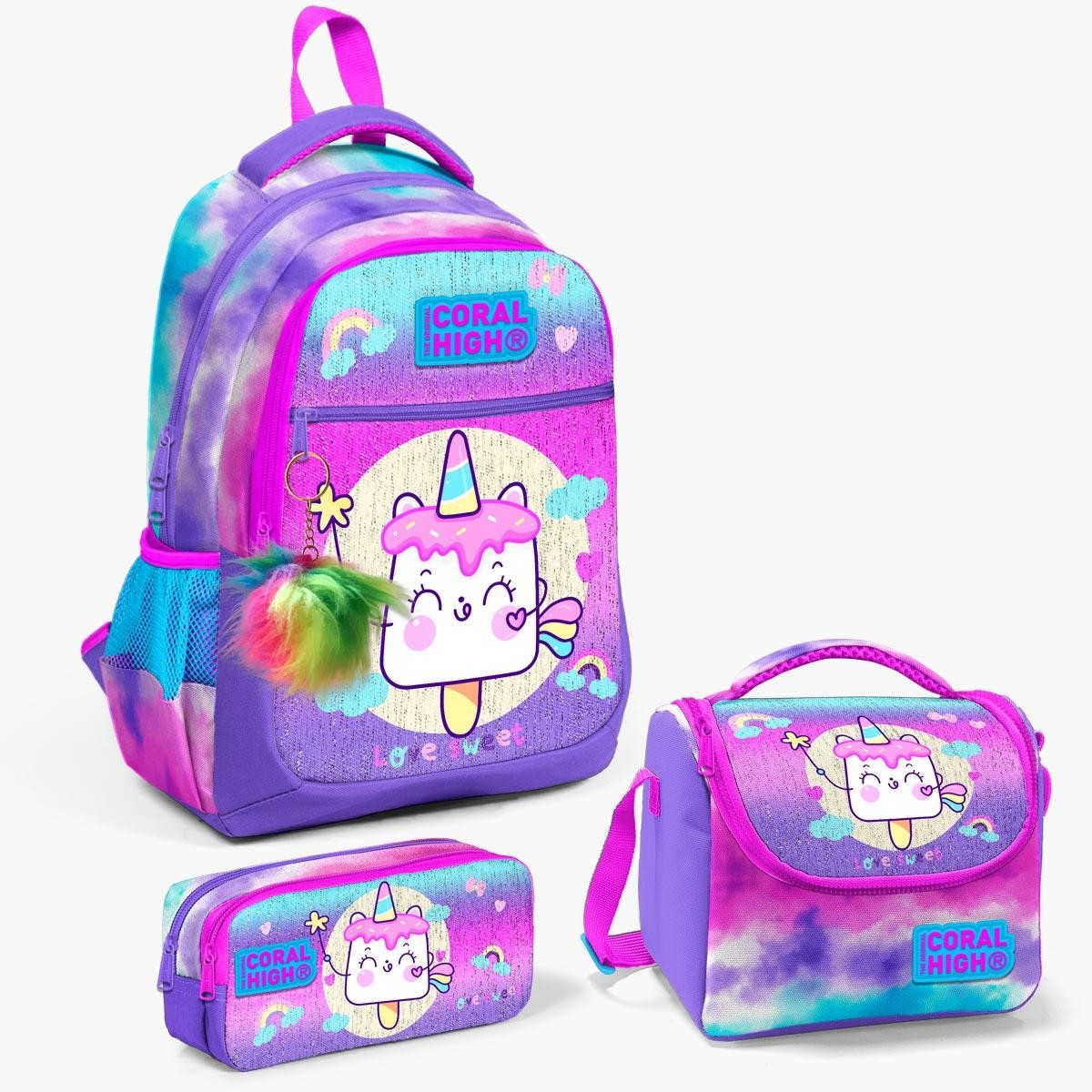 Coral High Kids Renkli Batik Unicorn Dondurma Desenli 3’lü Okul Çanta Seti SET0123480