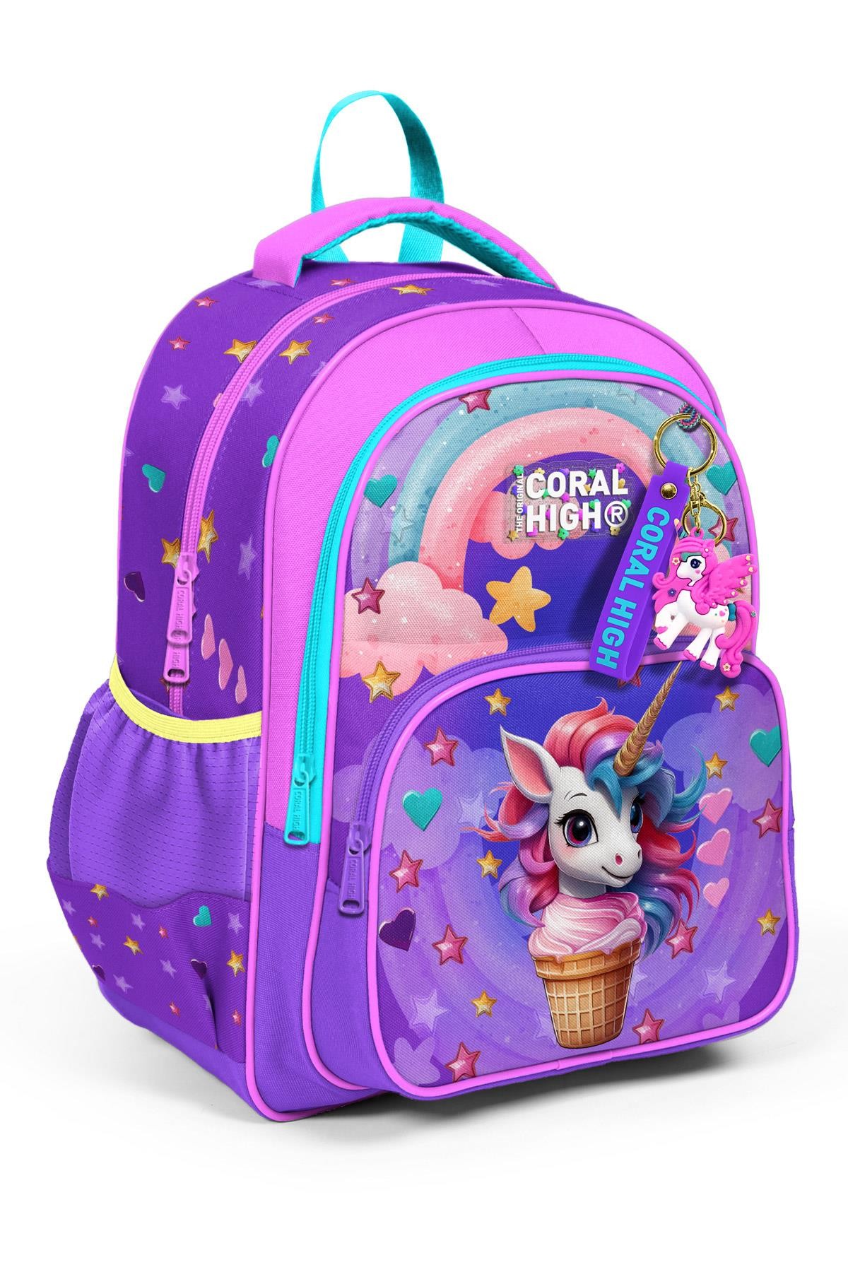 Coral High Kids Mor Pembe Unicorn Dondurma Desenli Üç Bölmeli Okul Sırt Çantası 14421