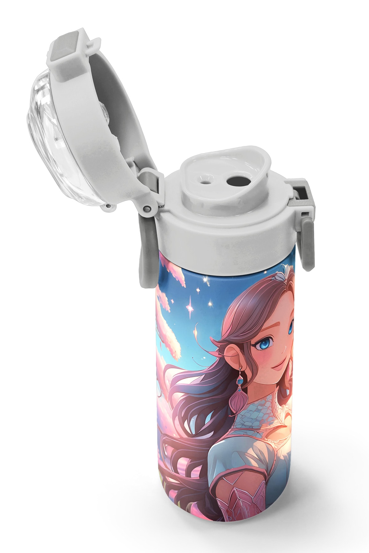 Coral High Kids Turkuaz Pembe Anime Kız Desenli Pipetli ve Direkt İçim Çelik Termos 500 ml 31858