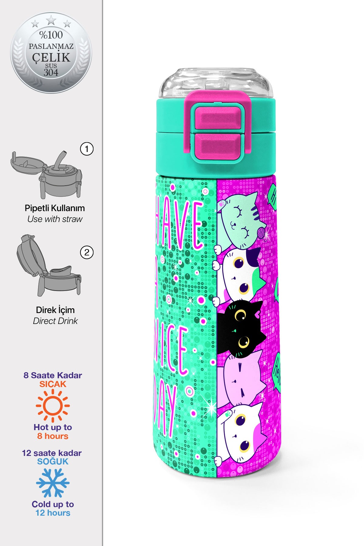 Coral High Kids Pembe Su Yeşili Kedi Desenli Pipetli ve Direkt İçim Çelik Termos 500 ml 31806