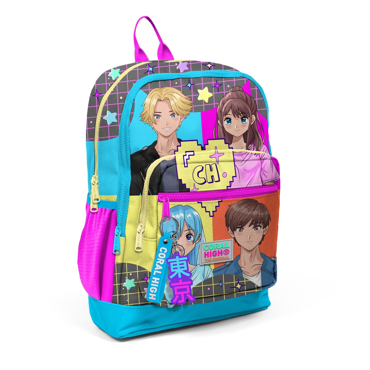 Coral High Kids Gri Mavi Pembe Anime Desenli Dört Bölmeli USB'li Okul Sırt Çantası 23837