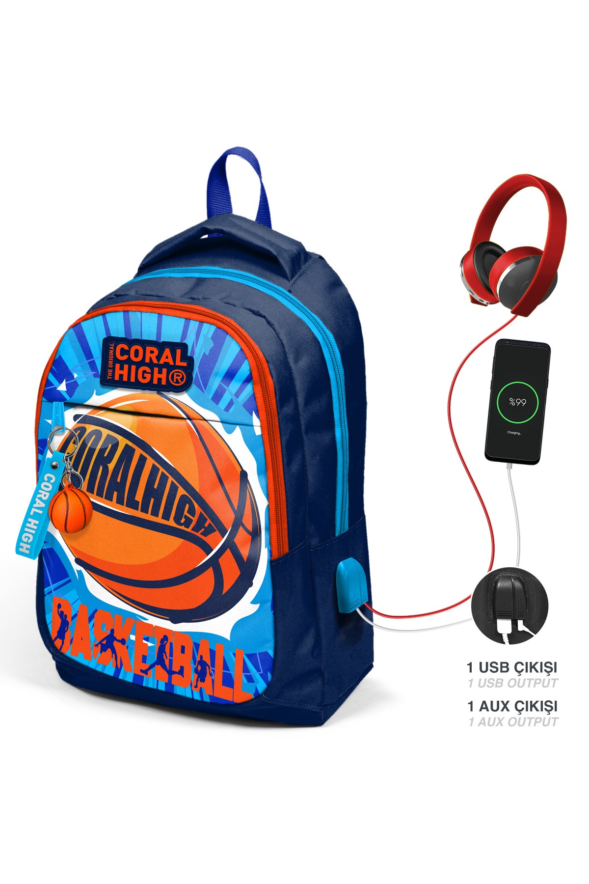 Coral High Kids Lacivert Mavi Basketbol Top Desenli Üç Bölmeli USB'li Okul Sırt Çantası 24318