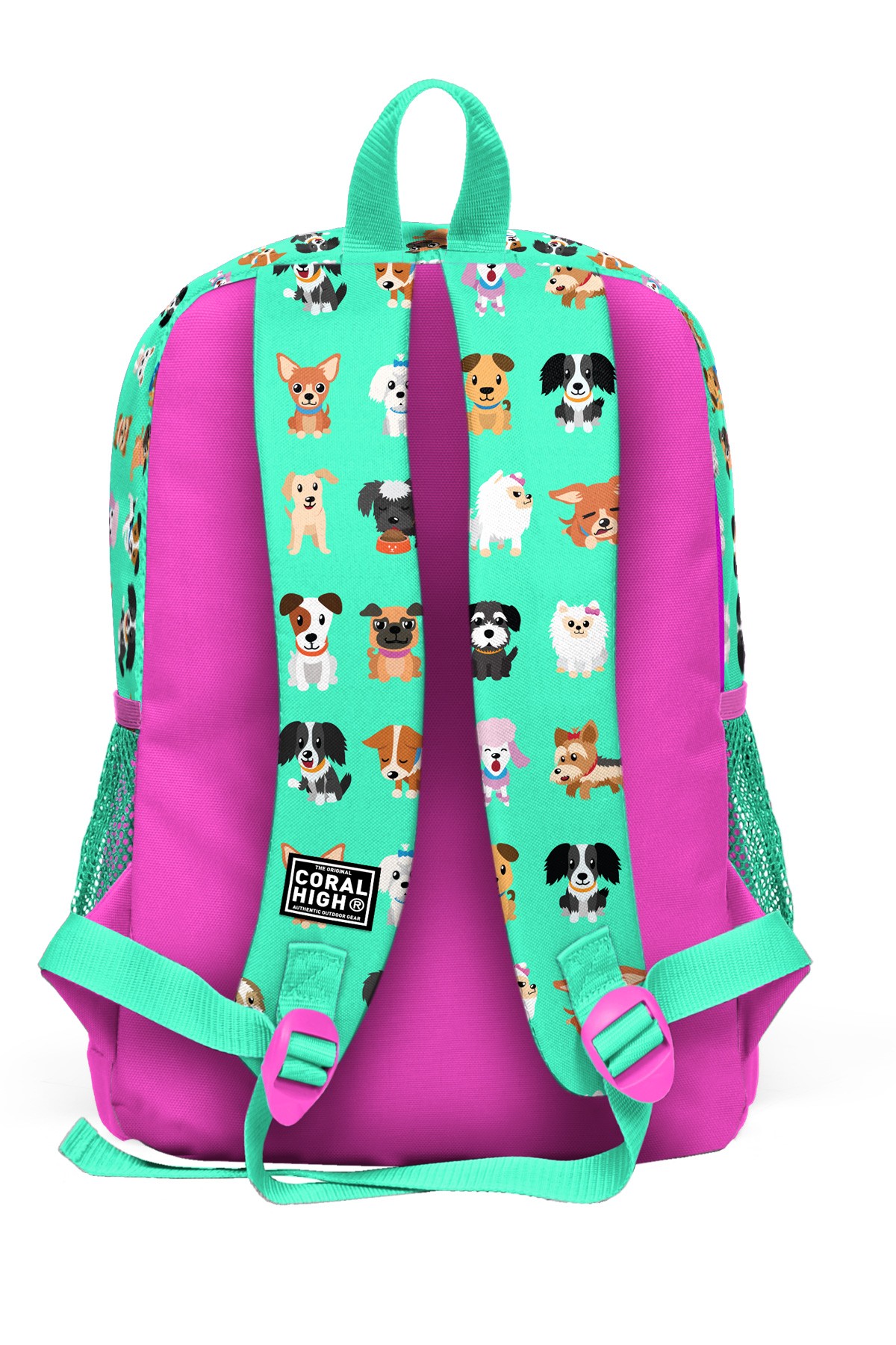 Coral High Kids Su Yeşili Neon Pembe Köpek Desenli Dört Bölmeli Okul Sırt Çantası 23465