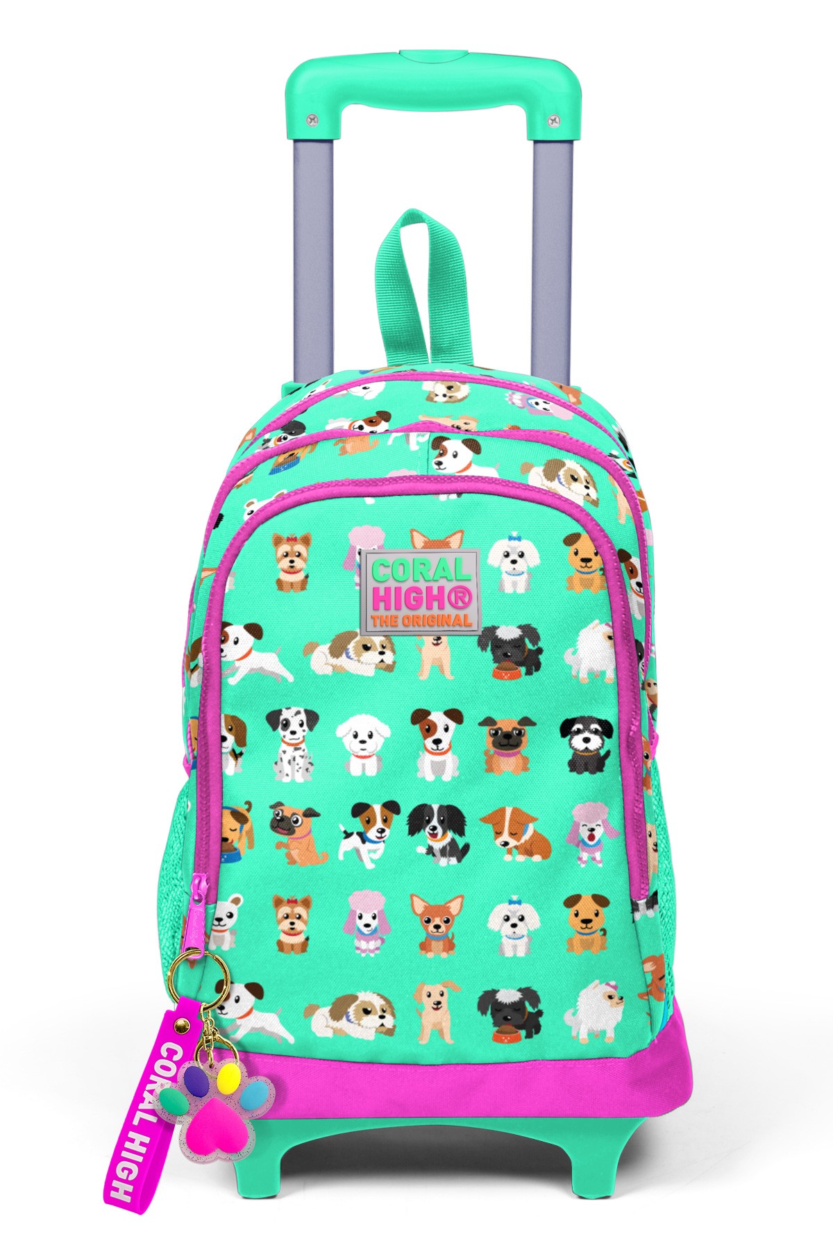 Coral High Kids Su Yeşili Neon Pembe Köpek Desenli Üç Bölmeli Çekçekli Okul Sırt Çantası 23362