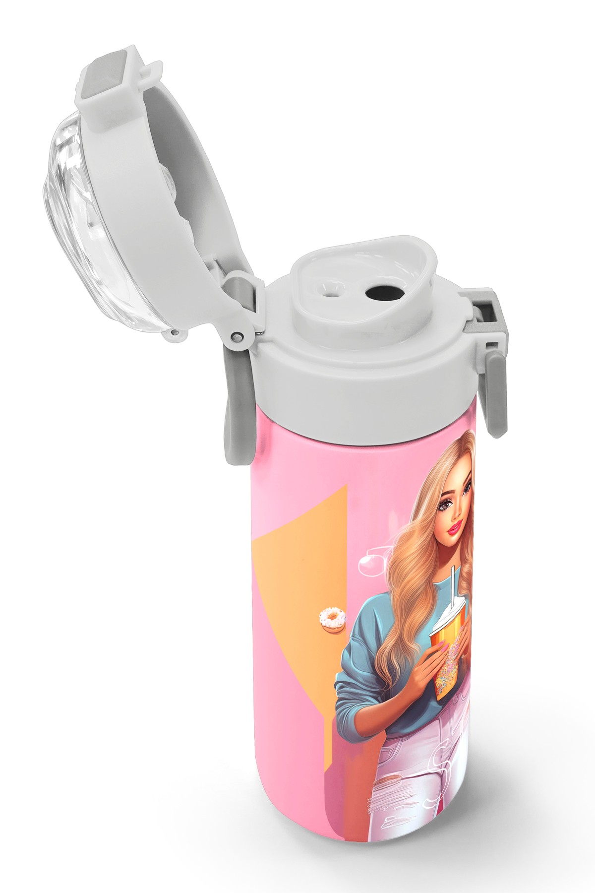 Coral High Kids Pembe Mercan Fashion Girl Desenli Pipetli ve Direkt İçim Çelik Termos 500 ml 31869