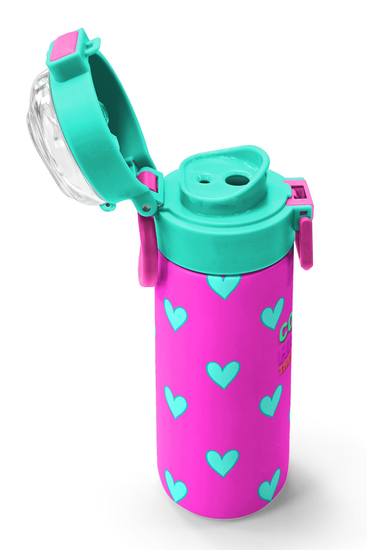 Coral High Kids Neon Pembe Su Yeşili Kalp Desenli Pipetli ve Direkt İçim Çelik Termos 500 ml 31906