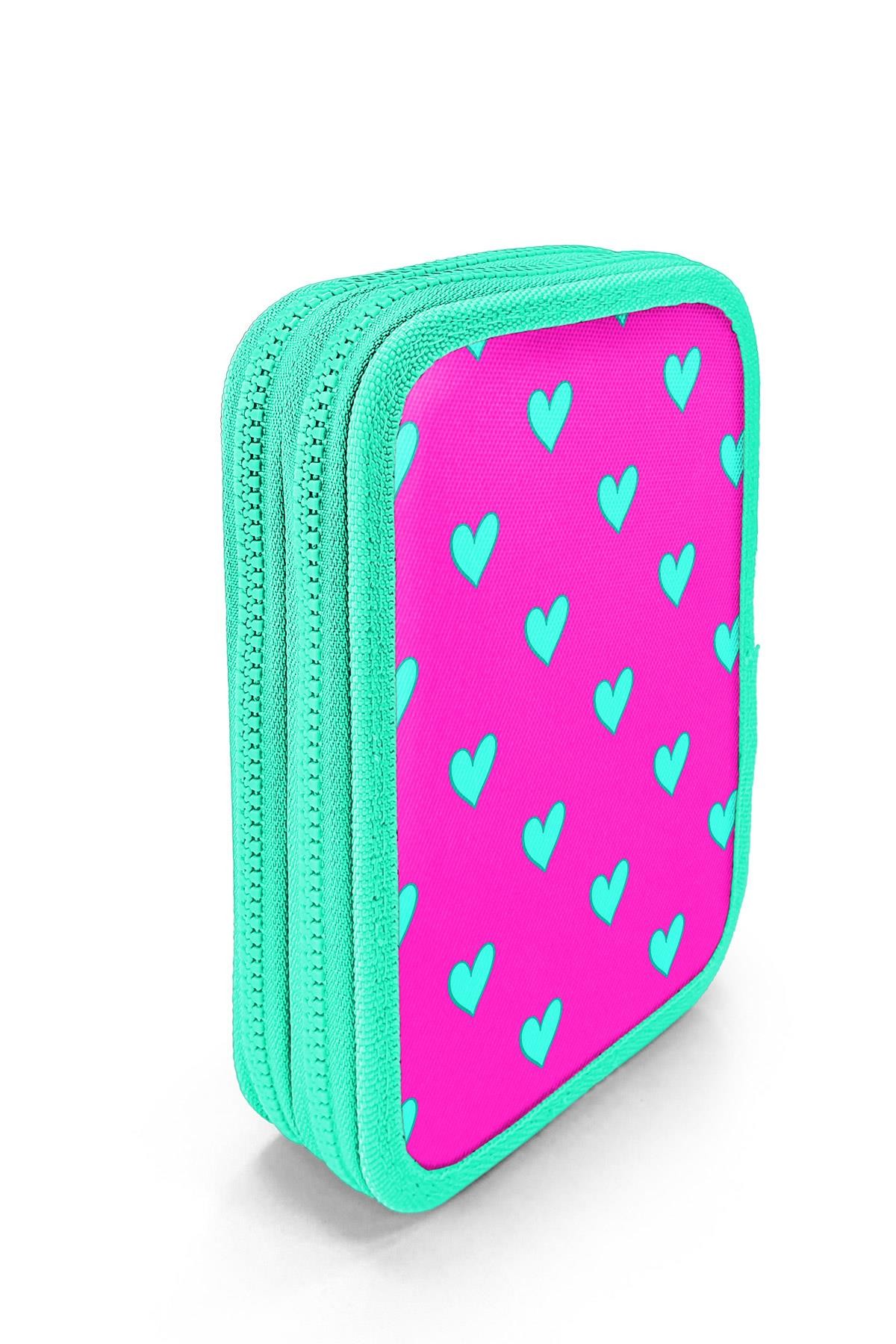 Coral High Kids Neon Pembe Su Yeşili Kalp Desenli Çift Katlı Kalem Çanta 11133