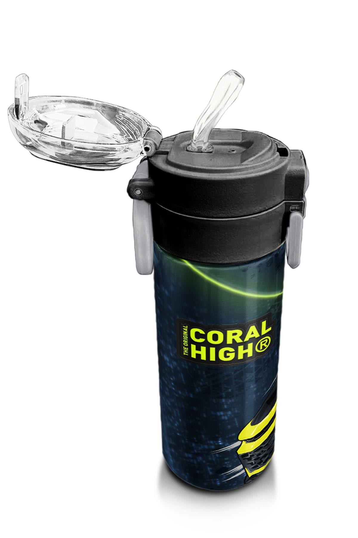 Coral High Kids Nefti Fosforlu Sarı Araba Desenli Pipetli ve Direkt İçim Çelik Termos 500 ml 31834