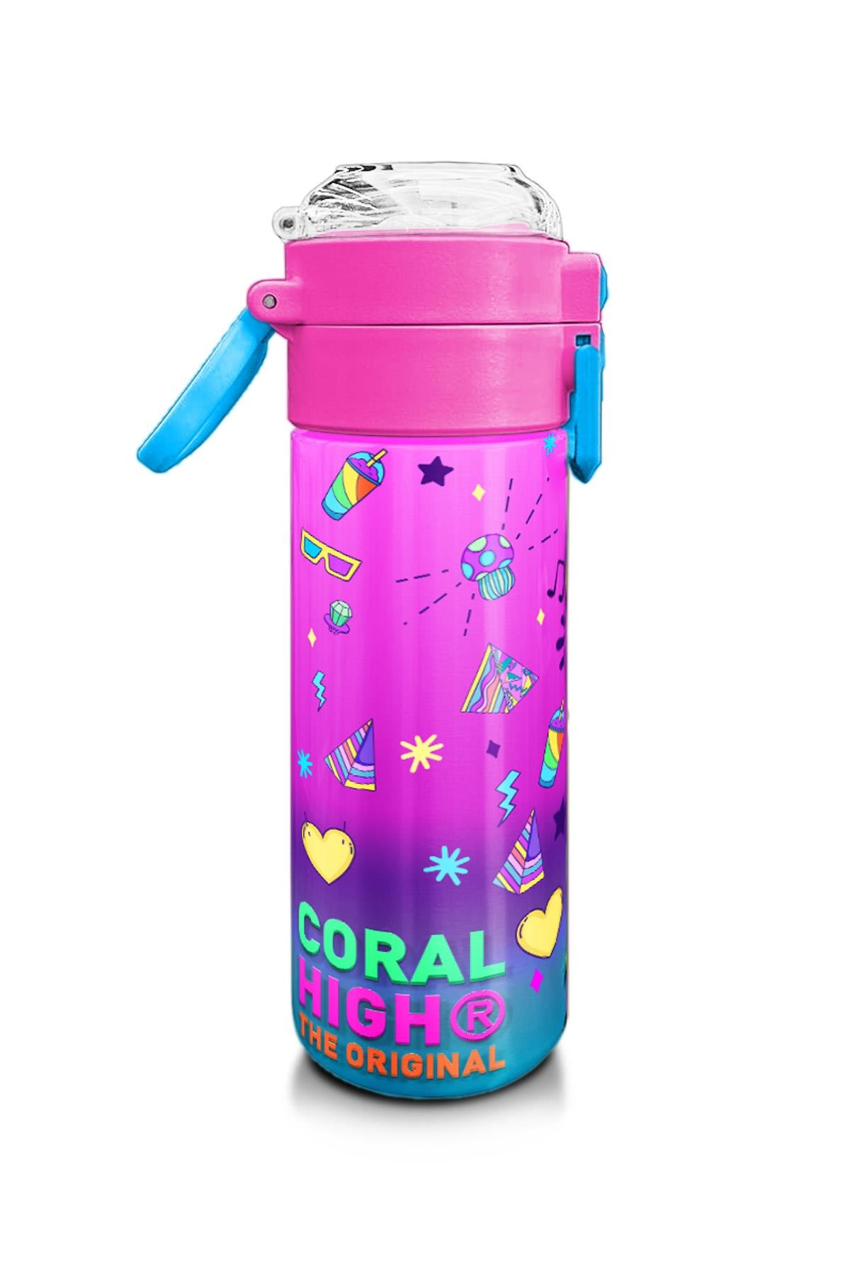 Coral High Kids Pembe Turkuaz Kulaklık Paten Desenli Pipetli ve Direkt İçim Çelik Termos 500 ml 31955