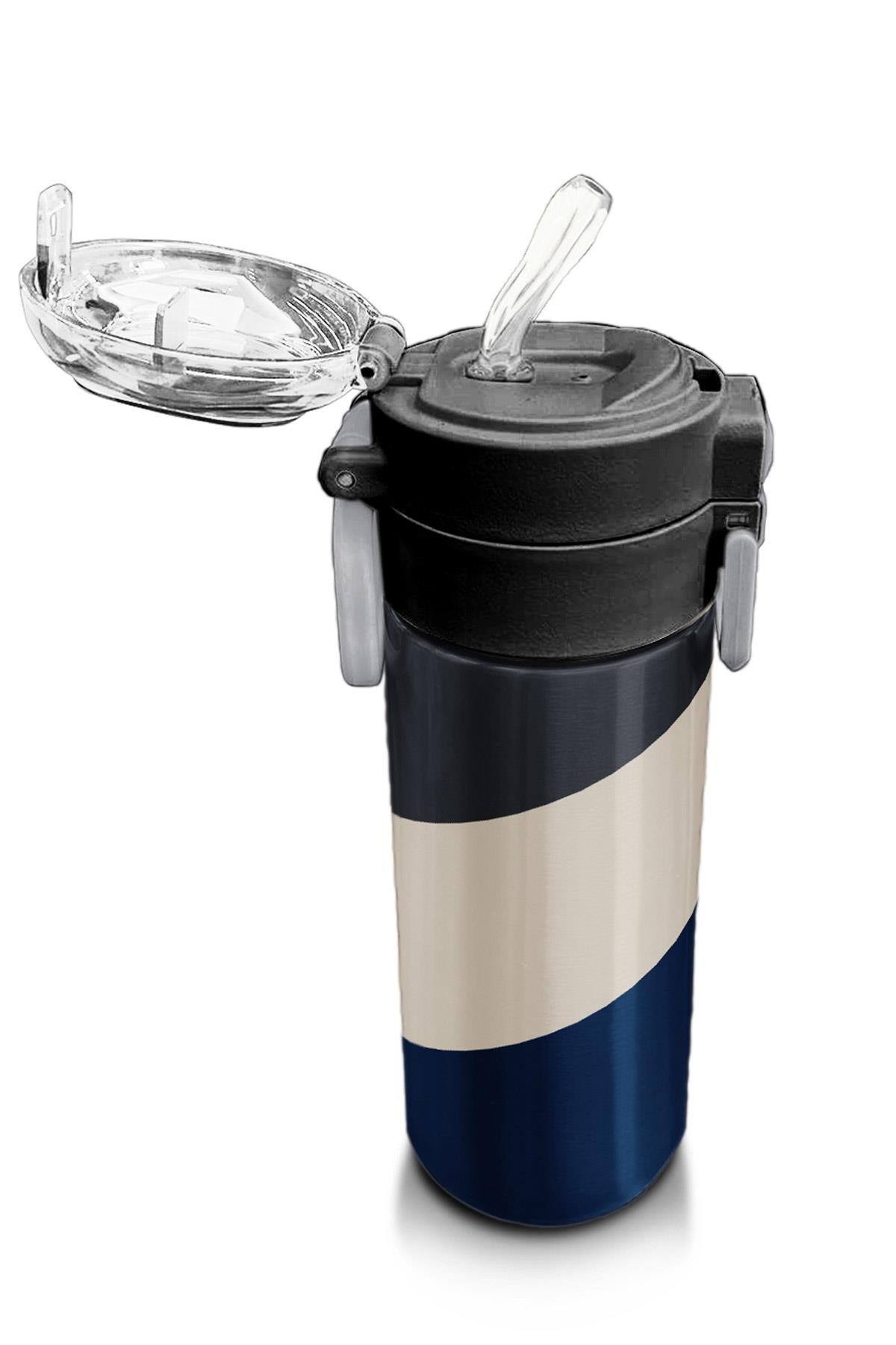 Coral High Kids Lacivert Koyu Gri Bej Desenli Pipetli ve Direkt İçim Çelik Termos 500 ml 31893