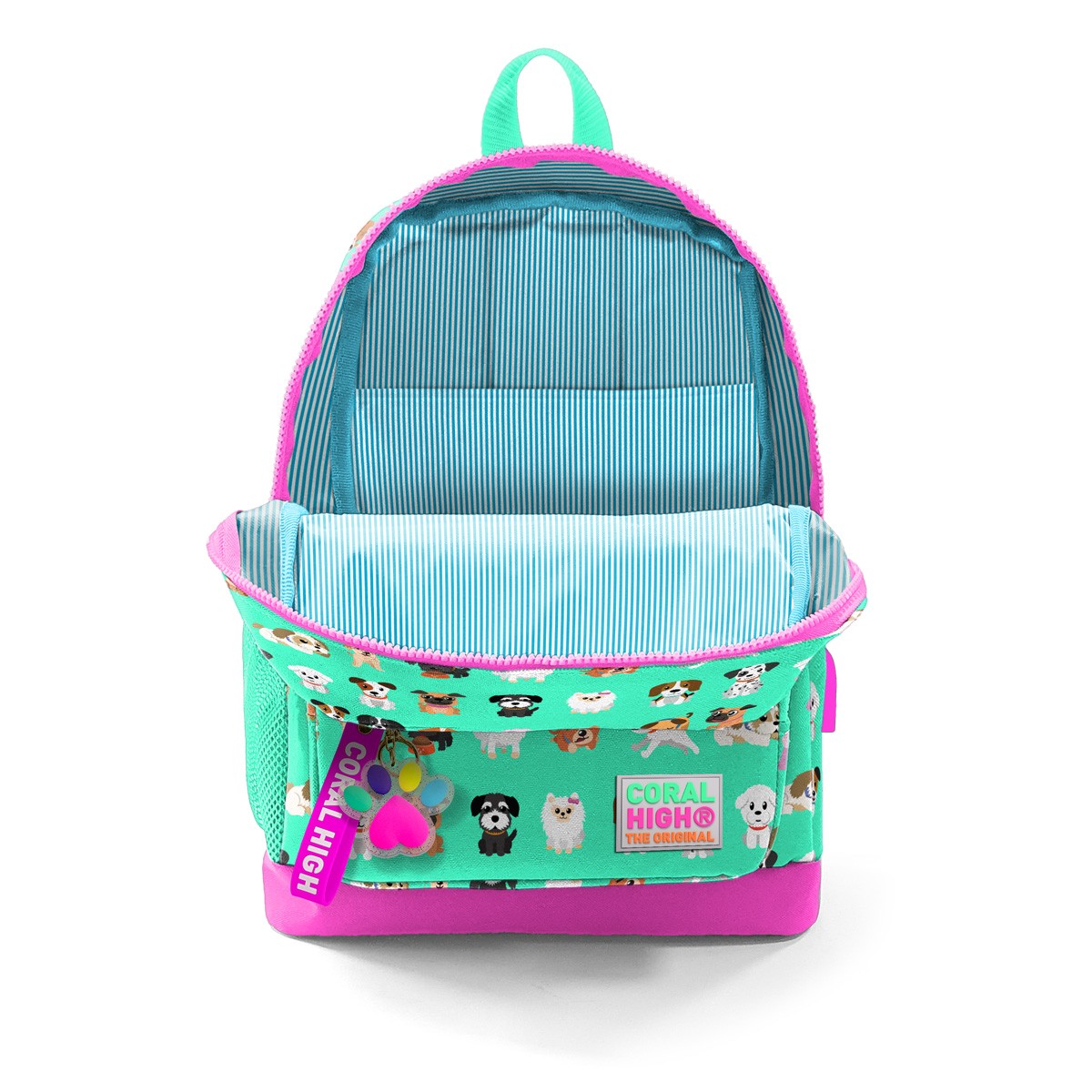 Coral High Kids Su Yeşili Neon Pembe Köpek Desenli Dört Bölmeli USB'li Okul Sırt Çantası 23266