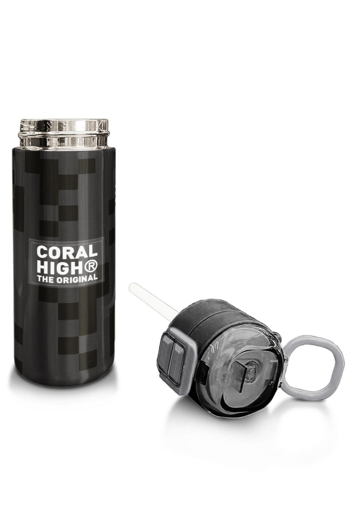 Coral High Kids Siyah Blok Desenli Pipetli ve Direkt İçim Çelik Termos 500 ml 31894