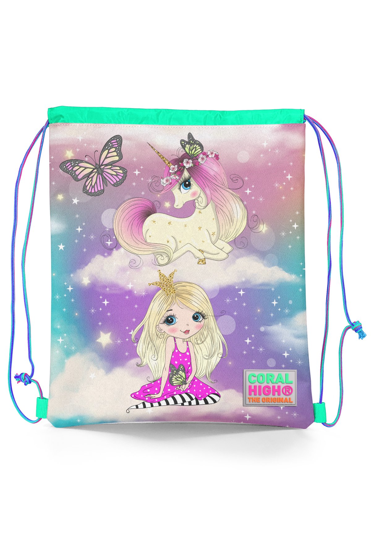 Coral High Kids Pembe Su Yeşili Unicornlu Kız Desenli İpli Büzgülü Sırt Çantası 22433