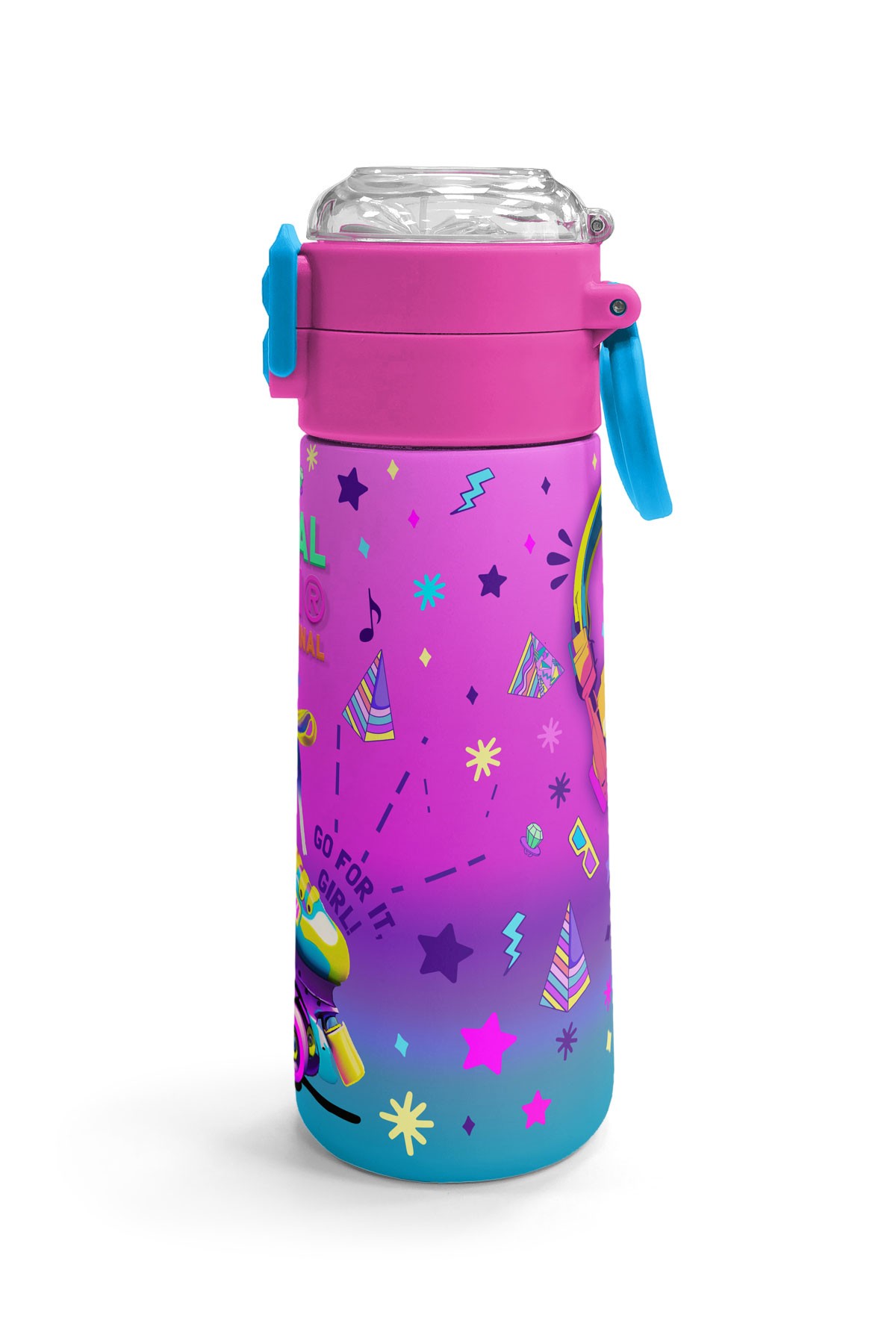 Coral High Kids Pembe Turkuaz Kulaklık Paten Desenli Pipetli ve Direkt İçim Çelik Termos 500 ml 31955