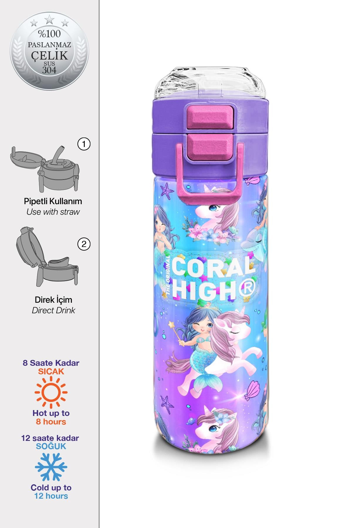 Coral High Kids Mor Pembe Unicorn Deniz Kızı Desenli Pipetli ve Direkt İçim Çelik Termos 500 ml 31982