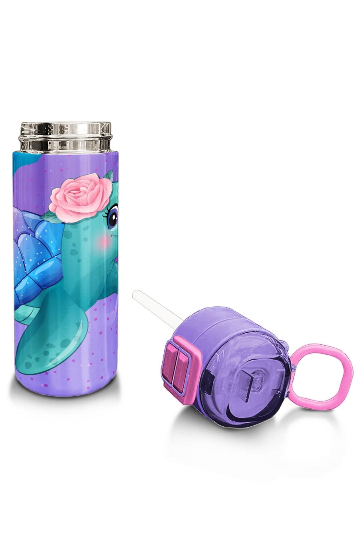 Coral High Kids Açık Pembe Mavi Kaplumbağa Desenli Pipetli ve Direkt İçim Çelik Termos 500 ml 31808