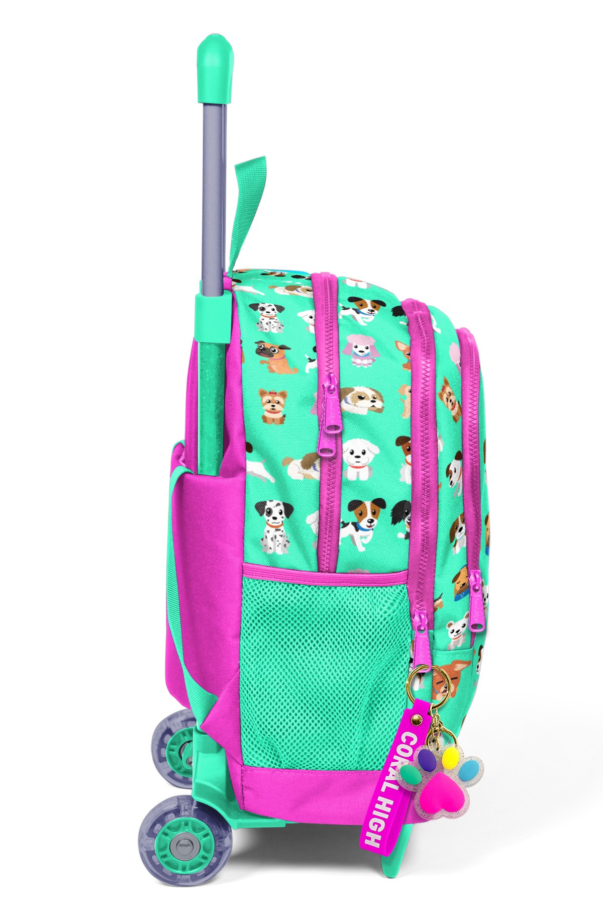Coral High Kids Su Yeşili Neon Pembe Köpek Desenli Üç Bölmeli Çekçekli Okul Sırt Çantası 23362