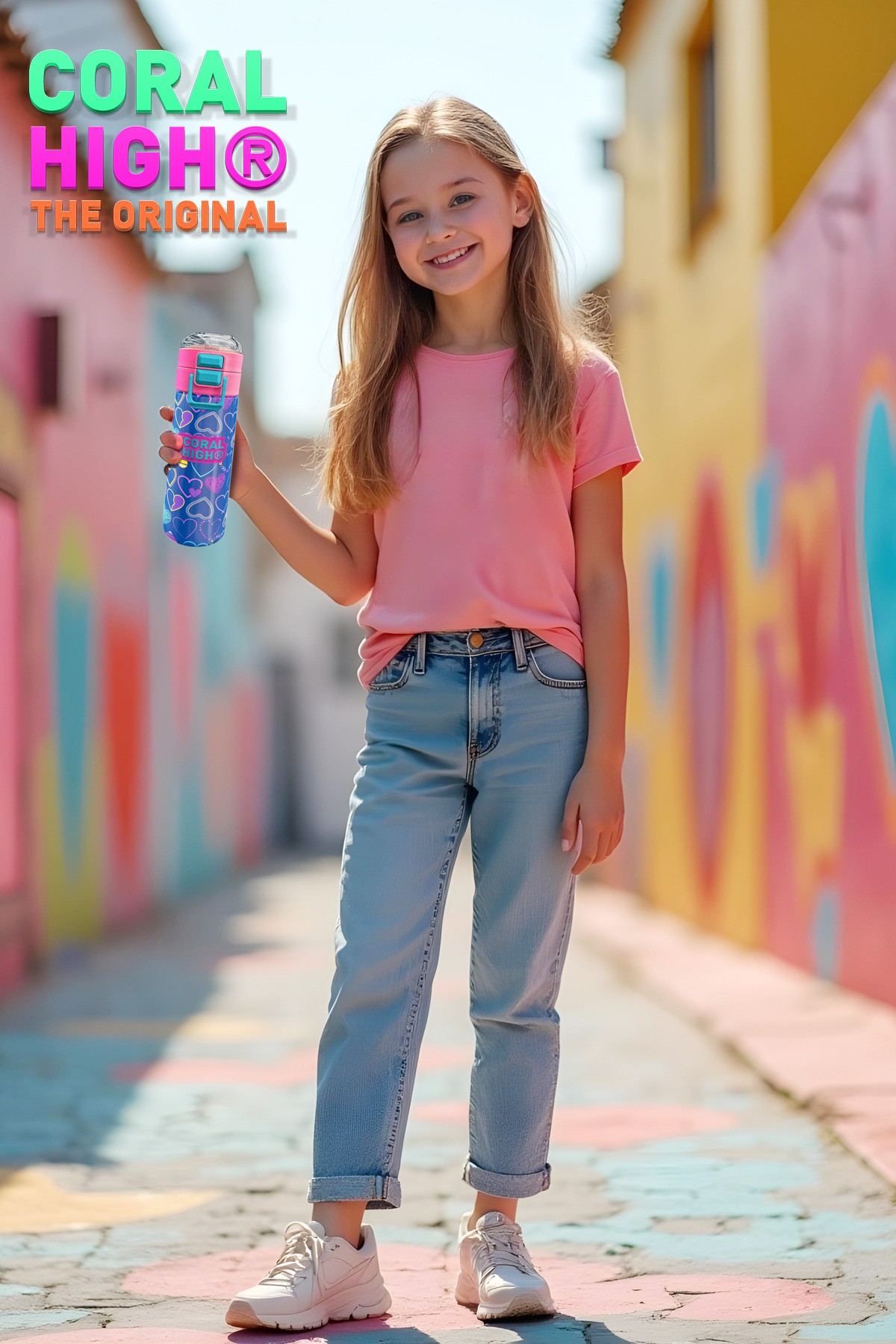 Coral High Kids Açık Pembe Lavanta Kalp Desenli Pipetli ve Direkt İçim Çelik Termos 500 ml 31977