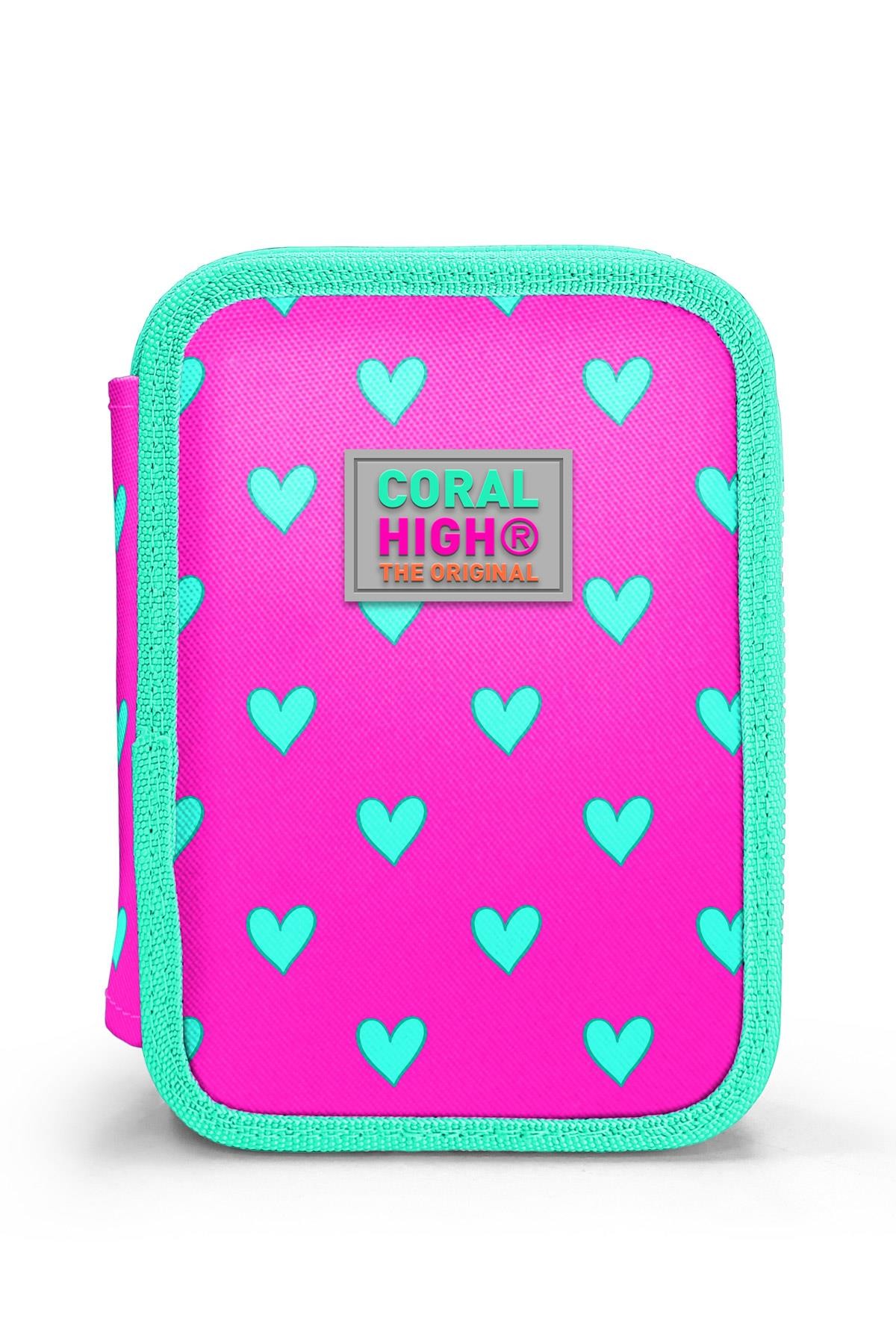 Coral High Kids Neon Pembe Su Yeşili Kalp Desenli Çift Katlı Kalem Çanta 11133