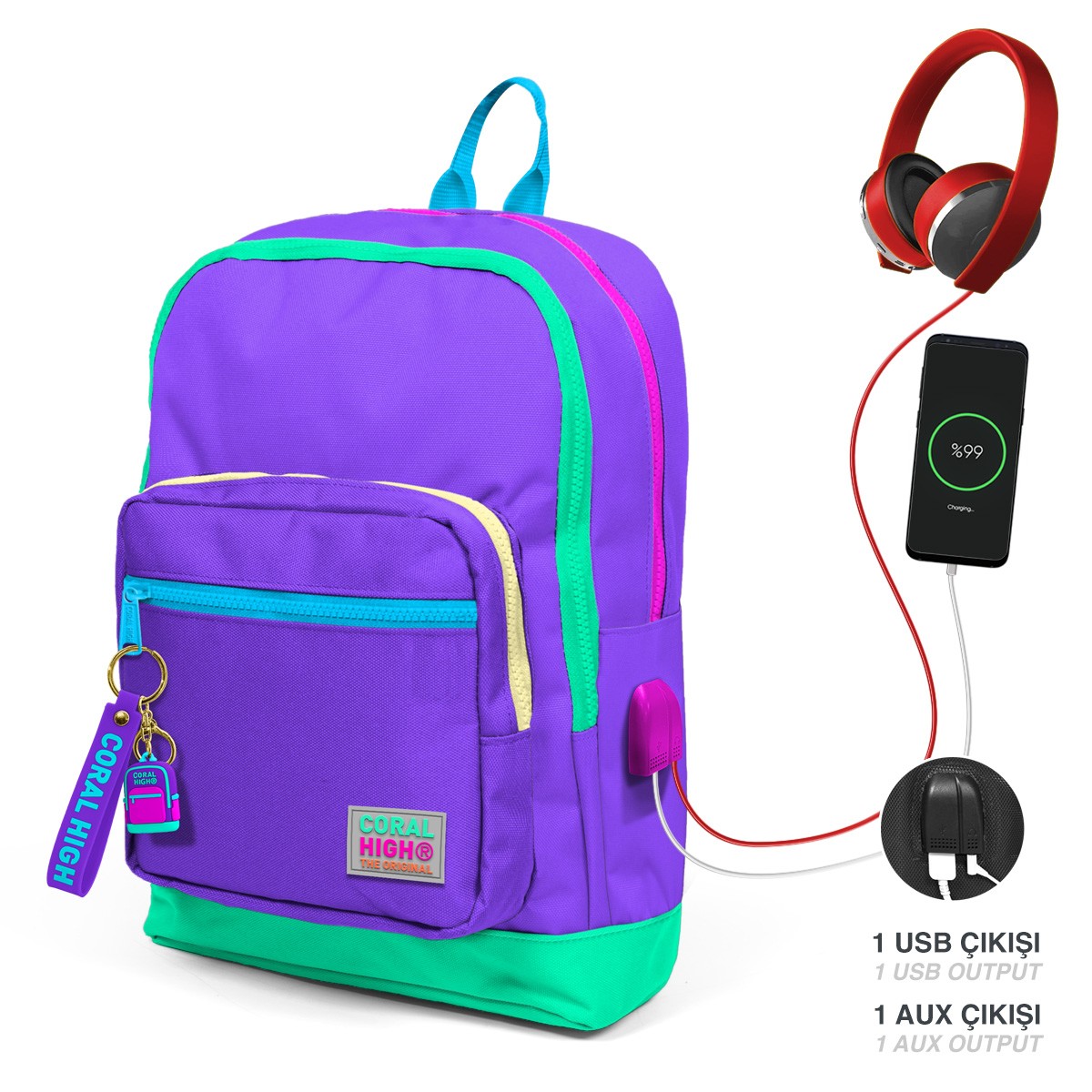 Coral High Kids Mor Renk Detaylı Dört Bölmeli USB Şarjlı Kulaklık Çıkışlı Okul Sırt Çantası 23834