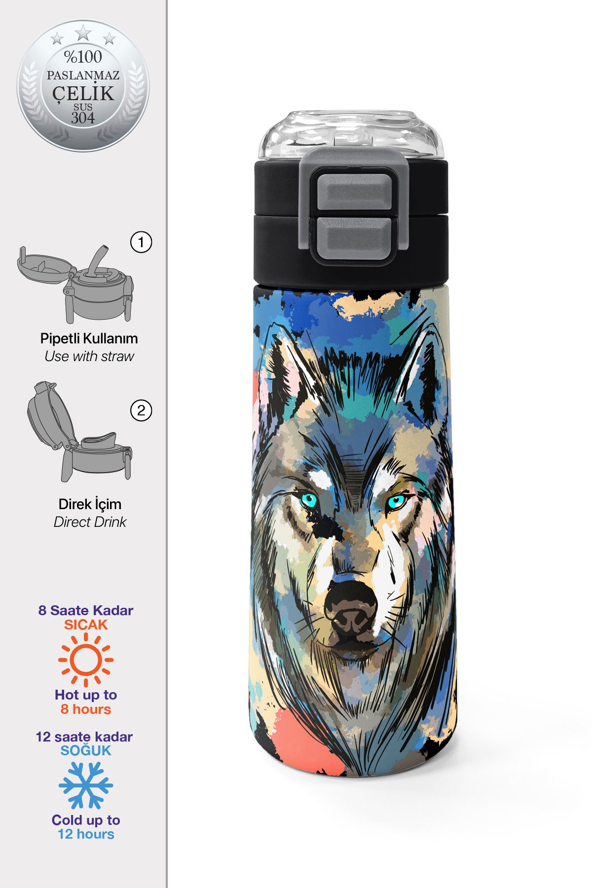 Coral High Kids Gri Siyah Kurt Desenli Pipetli ve Direkt İçim Çelik Termos 500 ml 31832