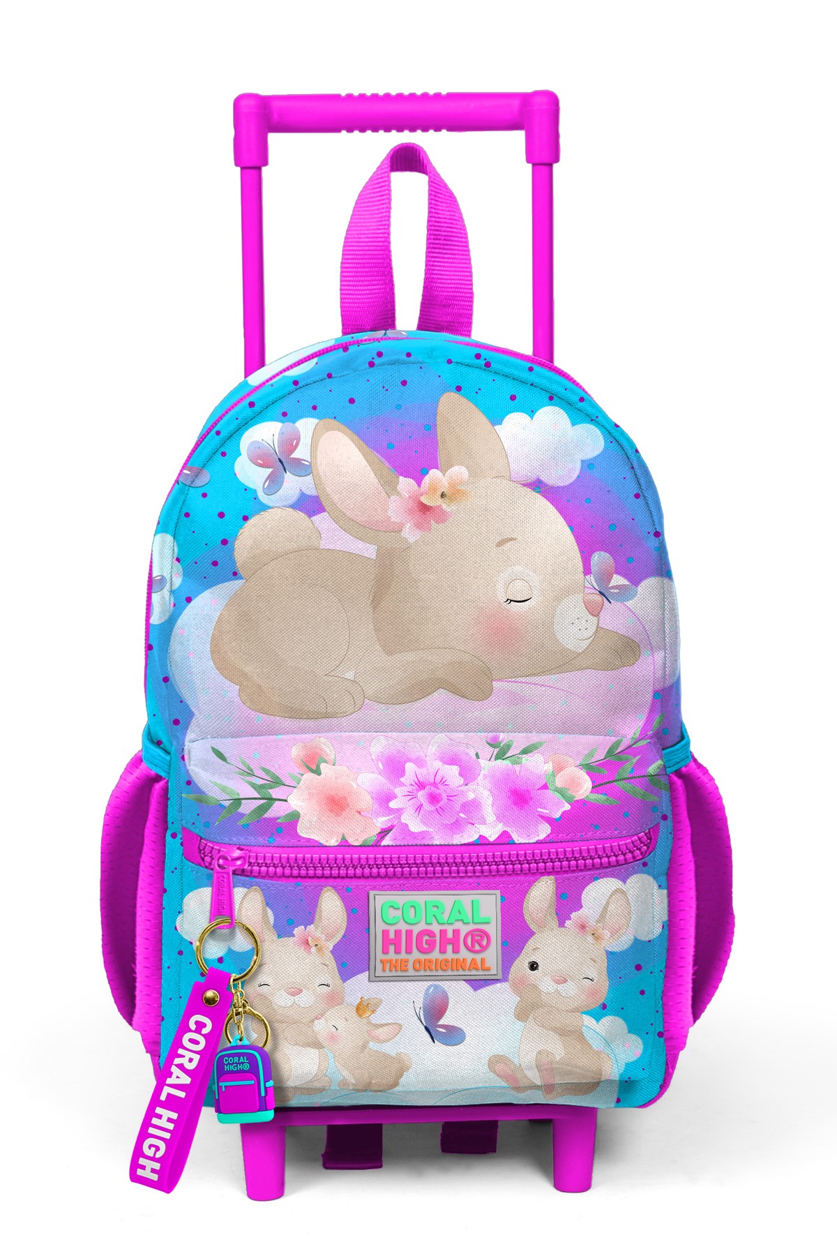 Minik Yuva Çekçekli Sırt Çantası Mavi Pembe Tavşan Desenli İki Bölmeli 24036