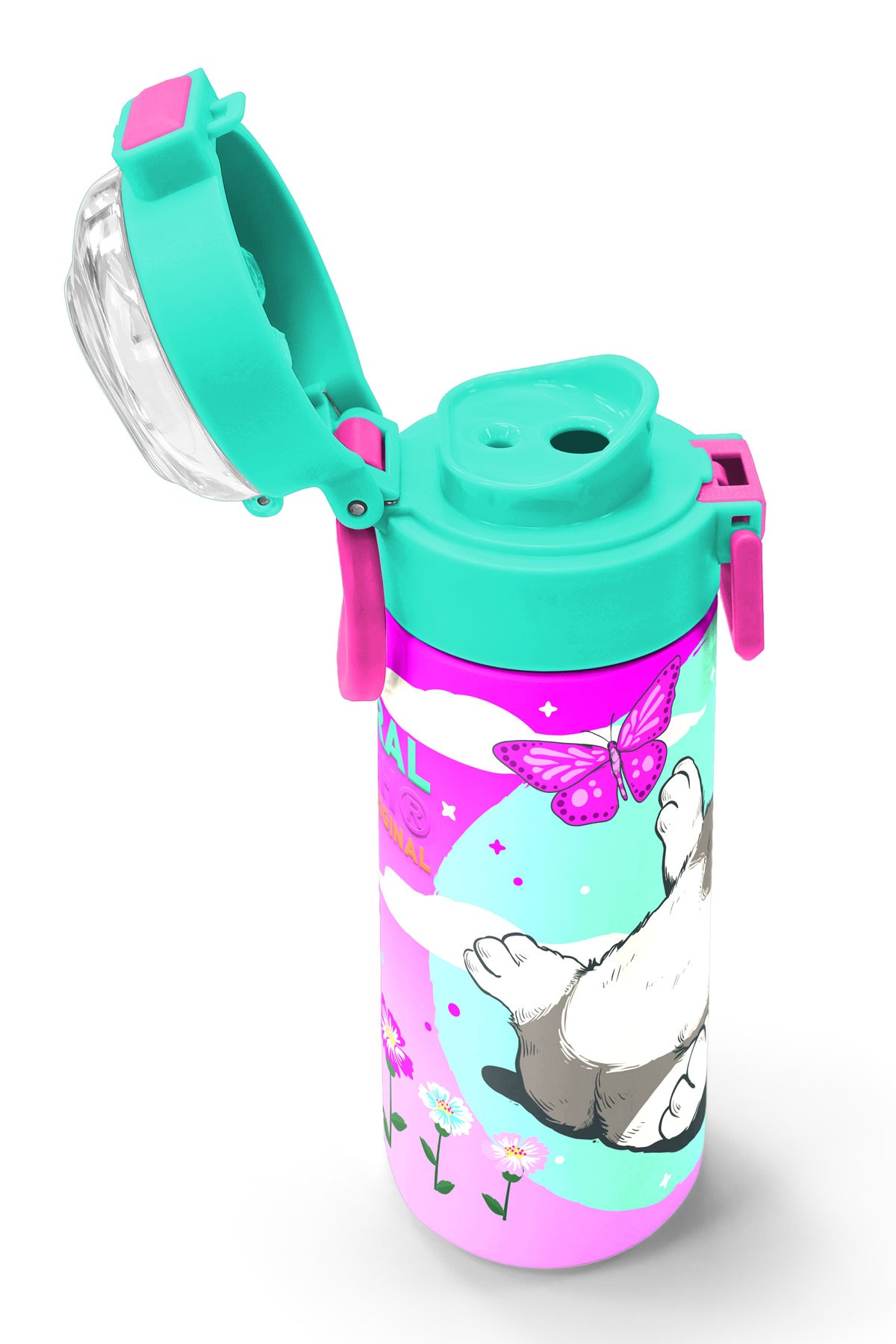 Coral High Kids Su Yeşili Pembe Kedi Desenli Pipetli ve Direkt İçim Çelik Termos 500 ml 31796