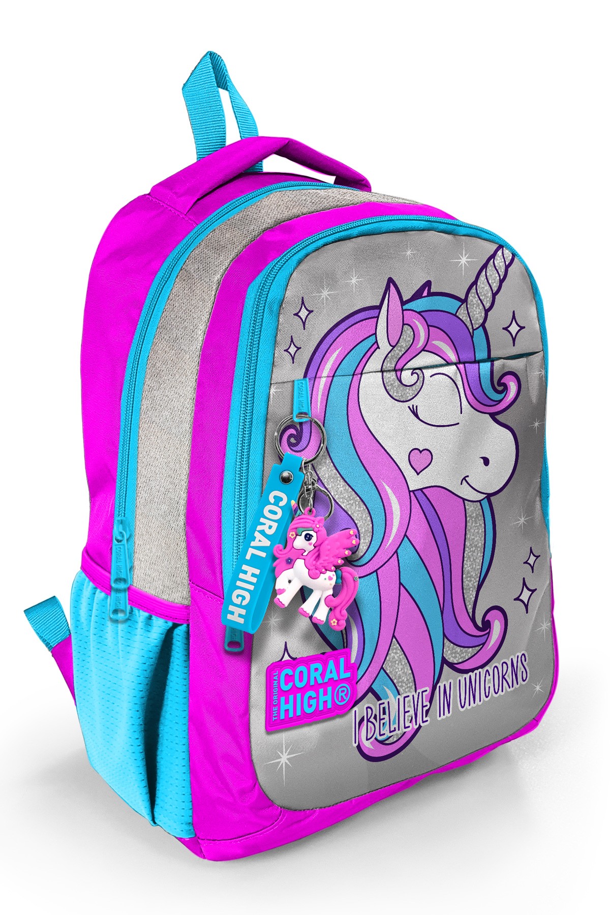 Coral High Kids Pembe Gümüş Simli Unicorn Desenli Üç Bölmeli  Okul Sırt Çantası 14383