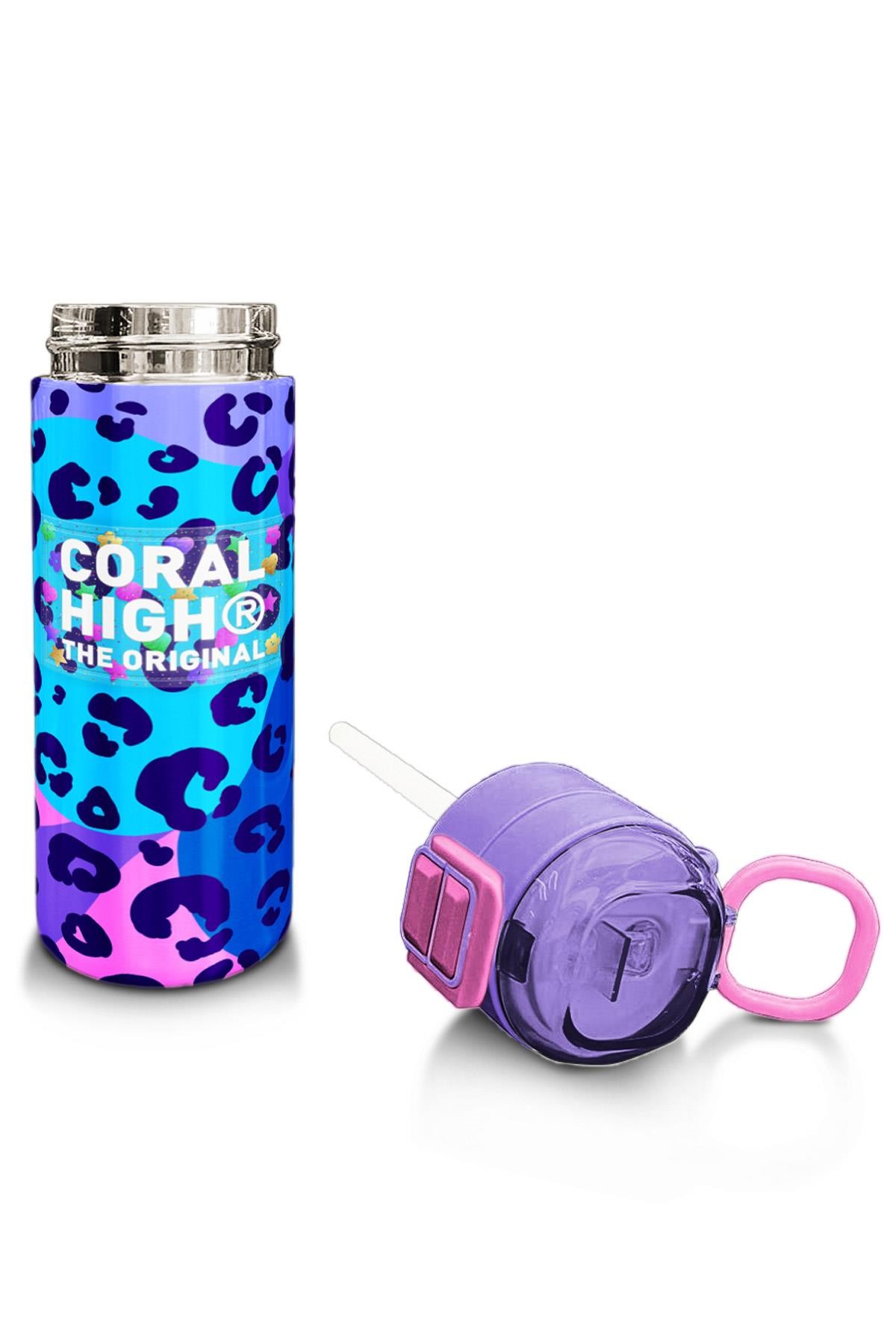 Coral High Kids Mor Leopar Desenli Pipetli ve Direkt İçim Çelik Termos 500 ml 31846