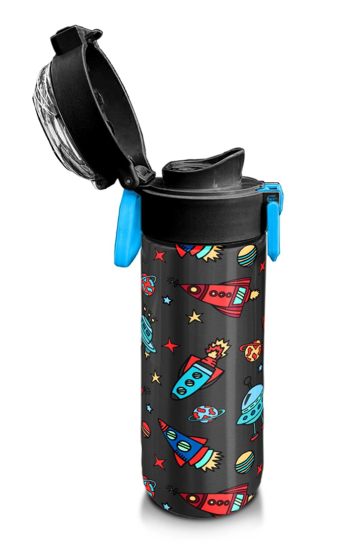 Coral High Kids Koyu Gri Kırmızı Uzay Desenli Pipetli ve Direkt İçim Çelik Termos 500 ml 31916