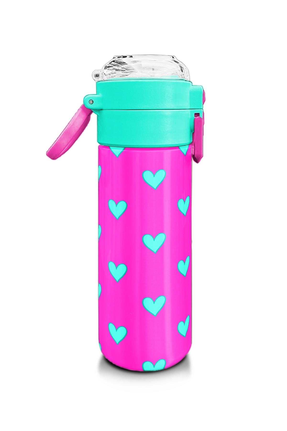 Coral High Kids Neon Pembe Su Yeşili Kalp Desenli Pipetli ve Direkt İçim Çelik Termos 500 ml 31906