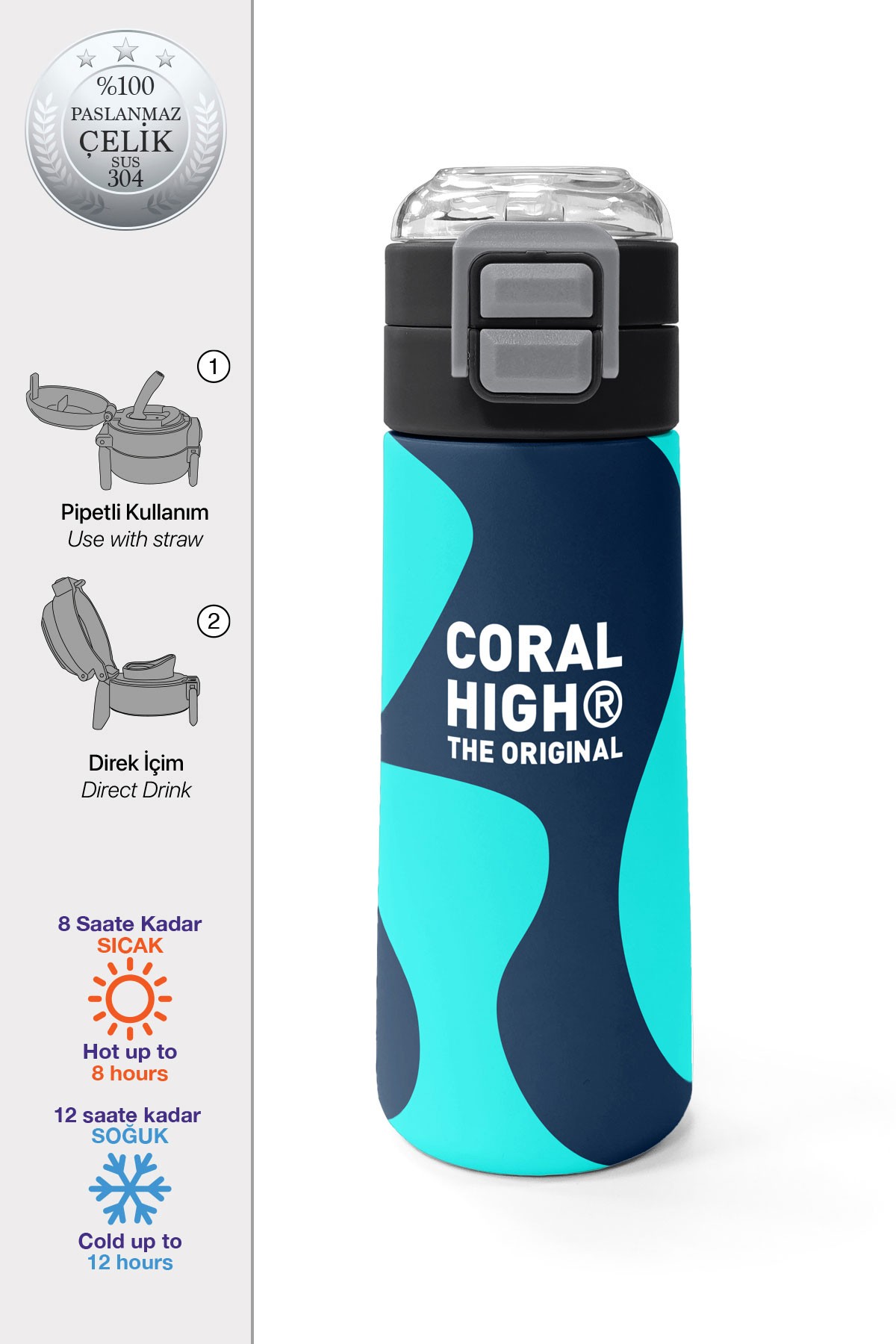 Coral High Kids Lacivert Turkuaz Desenli Pipetli ve Direkt İçim Çelik Termos 500 ml 31886