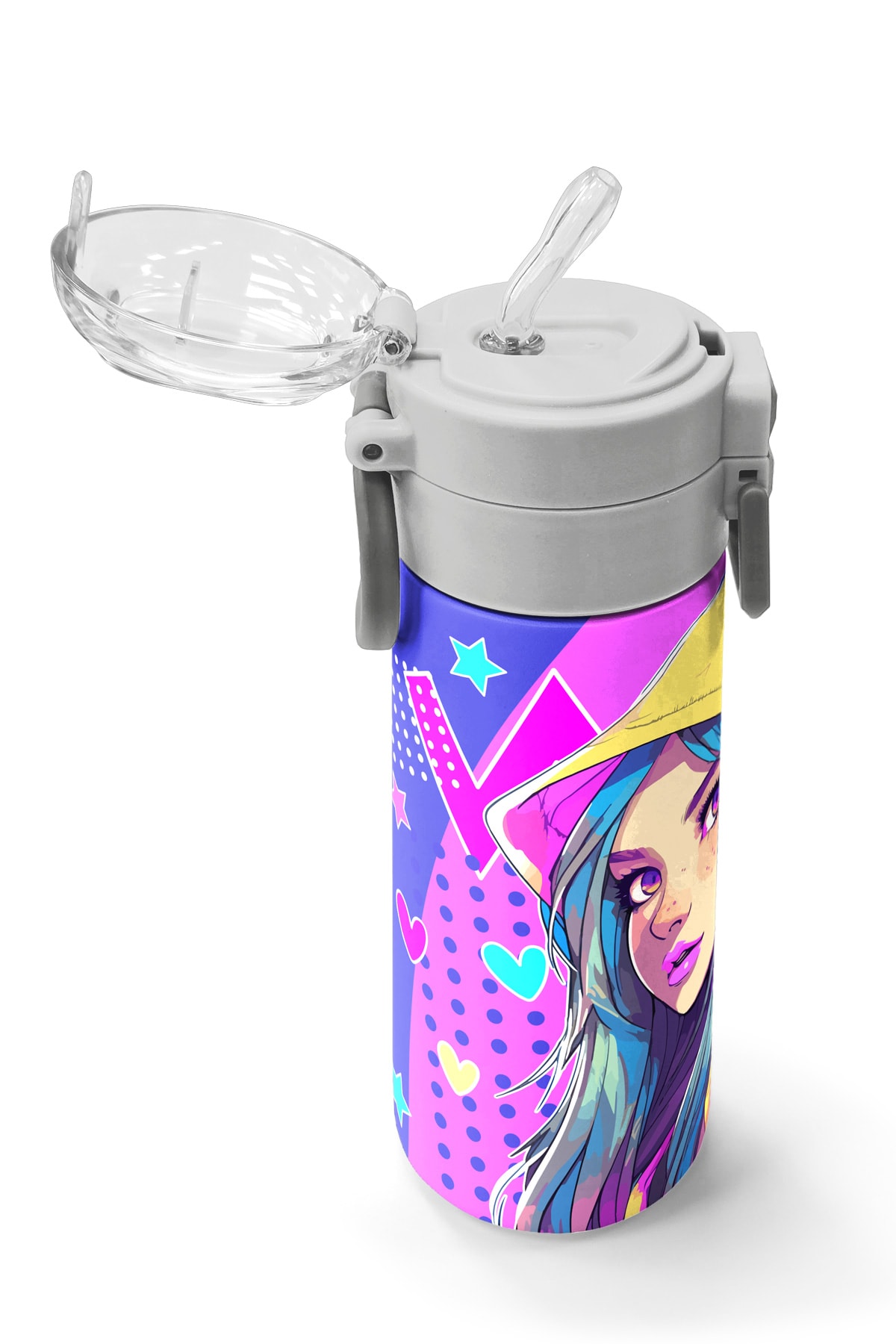 Coral High Kids Lavanta Turkuaz Kulaklı Kız Desenli Pipetli ve Direkt İçim Çelik Termos 500 ml 31835