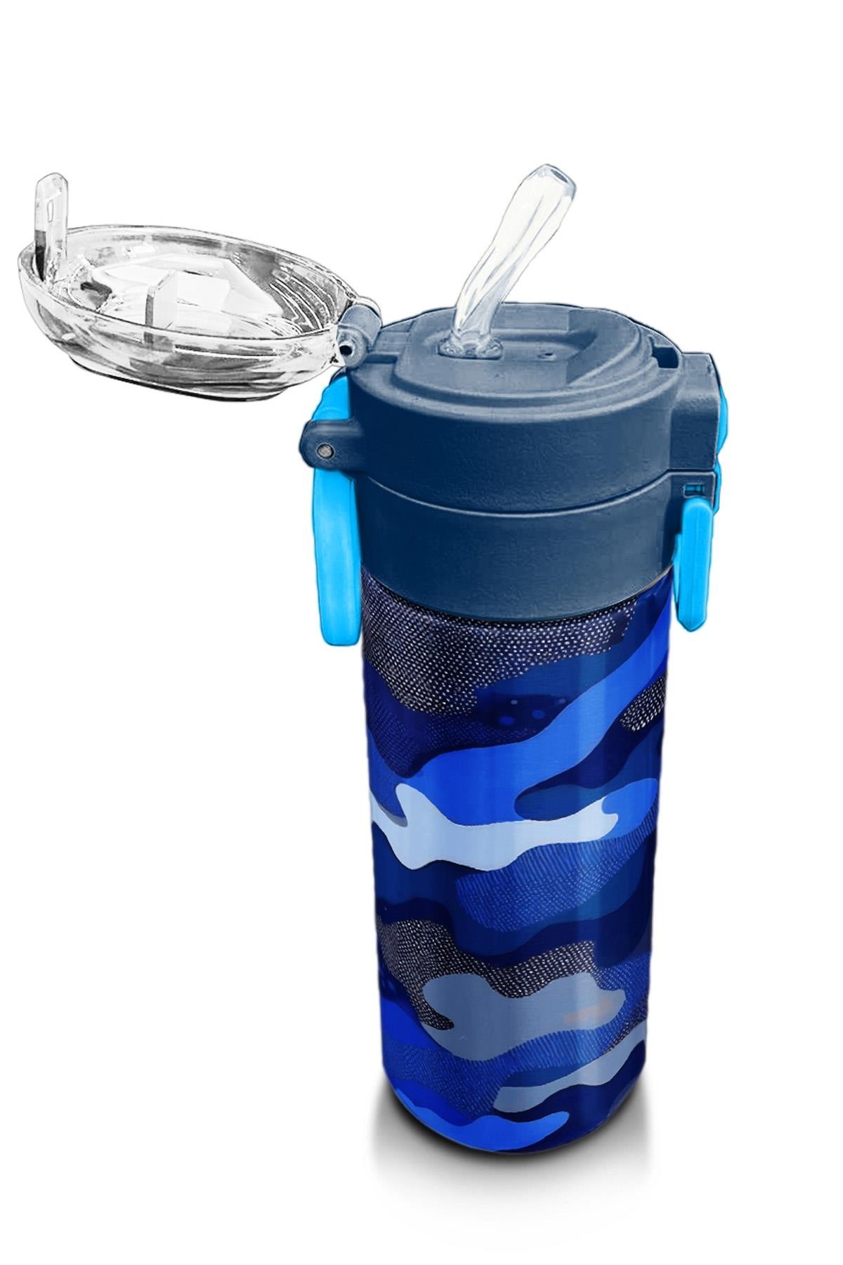 Coral High Kids Lacivert Saks Kamuflaj Desenli Pipetli ve Direkt İçim Çelik Termos 500 ml 31889