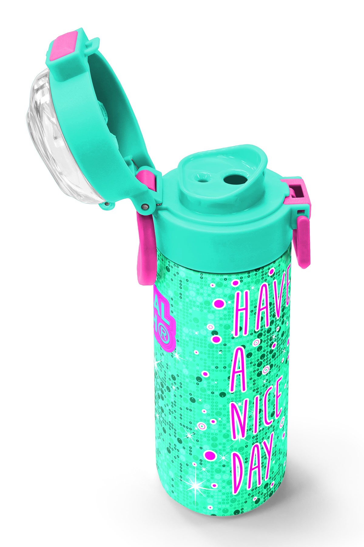 Coral High Kids Pembe Su Yeşili Kedi Desenli Pipetli ve Direkt İçim Çelik Termos 500 ml 31806