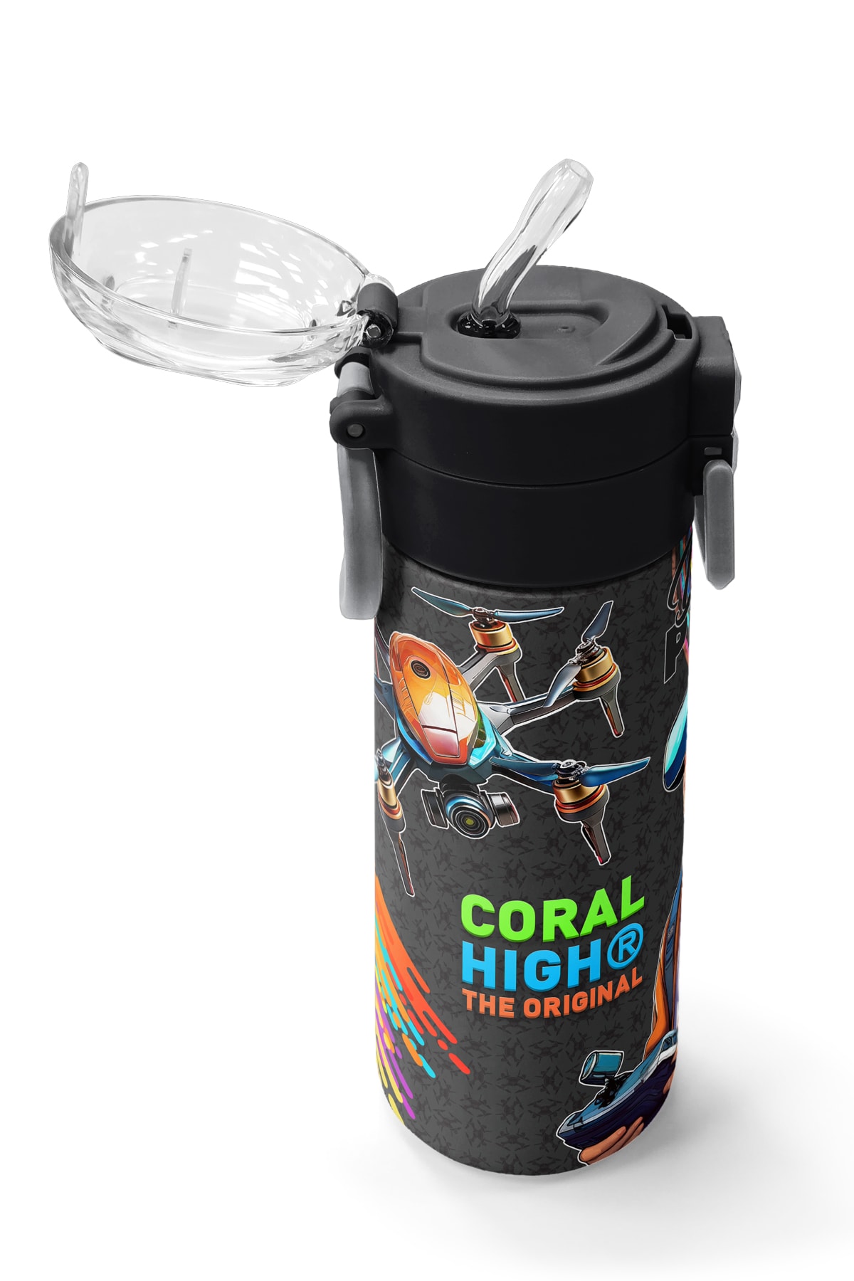 Coral High Kids Siyah Drone Pilot Desenli Pipetli ve Direkt İçim Çelik Termos 500 ml 31996