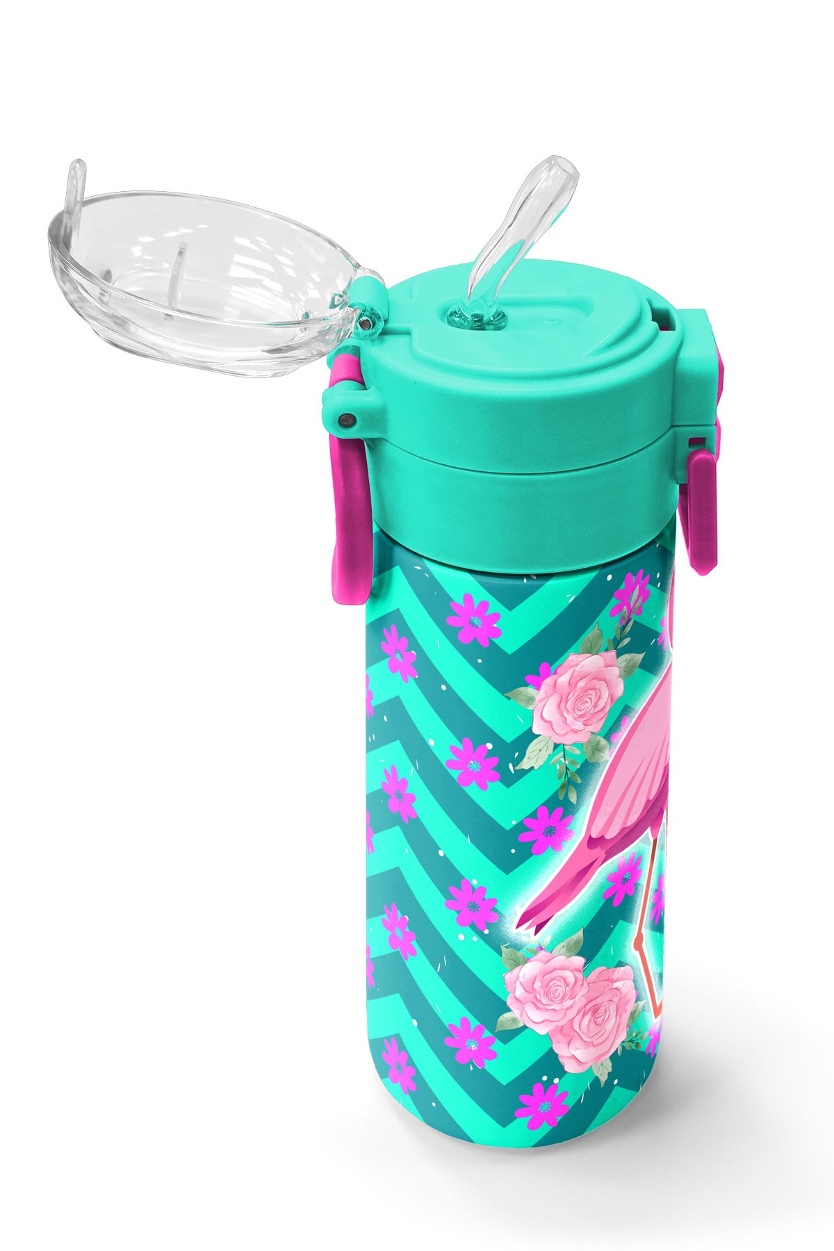 Coral High Kids Su Yeşili Pembe Flamingo Desenli Pipetli ve Direkt İçim Çelik Termos 500 ml 31820