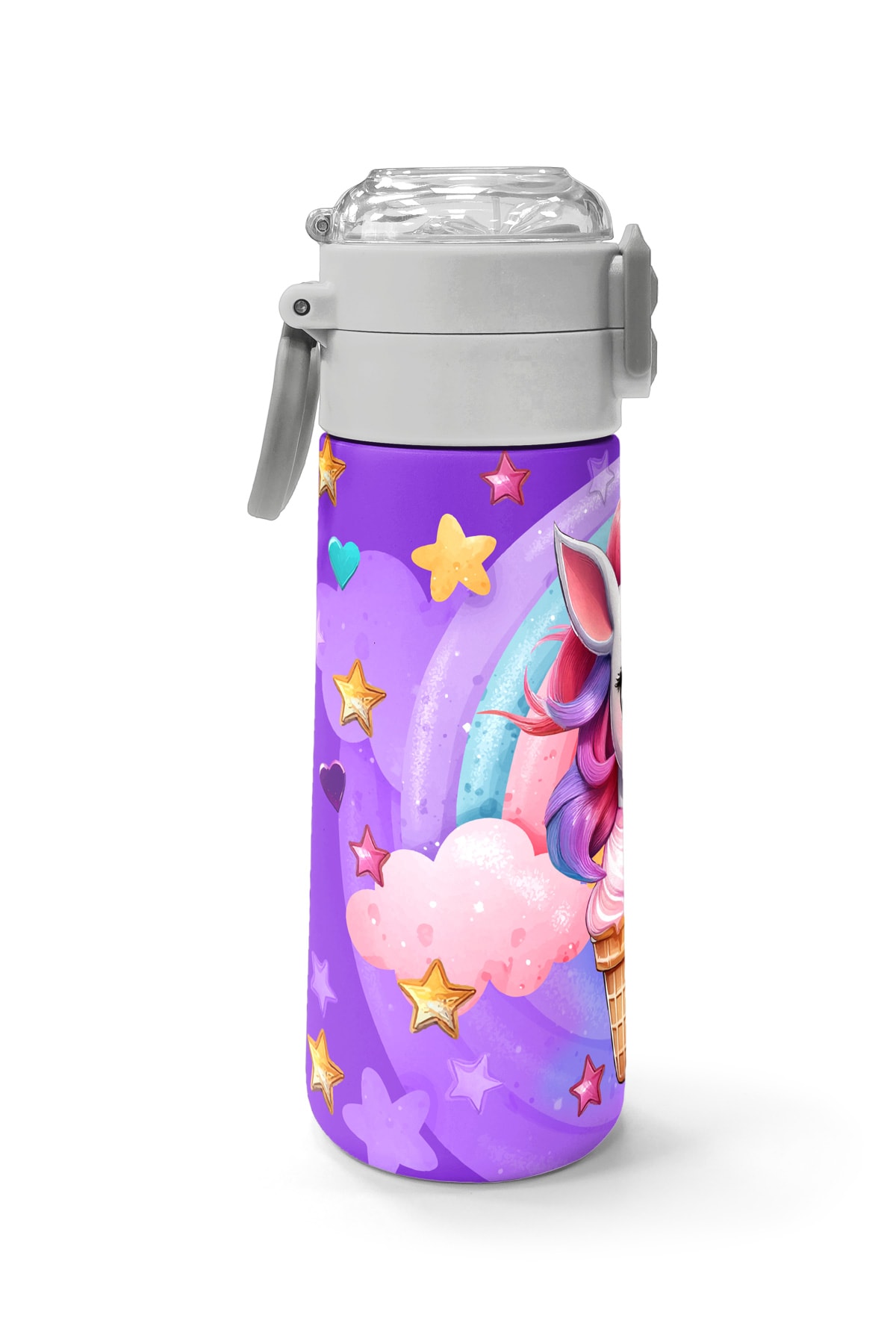 Coral High Kids Mor Pembe Unicorn Dondurma Desenli Pipetli ve Direkt İçim Çelik Termos 500 ml 31859