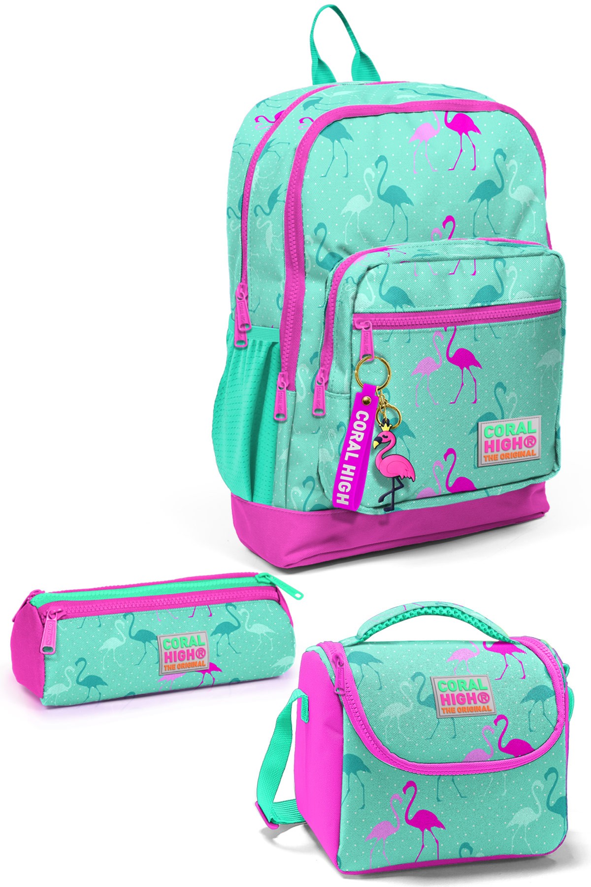 Coral High Kids Su Yeşili Neon Pembe Flamingo Desenli 3’lü Okul Çanta Seti SET0123111