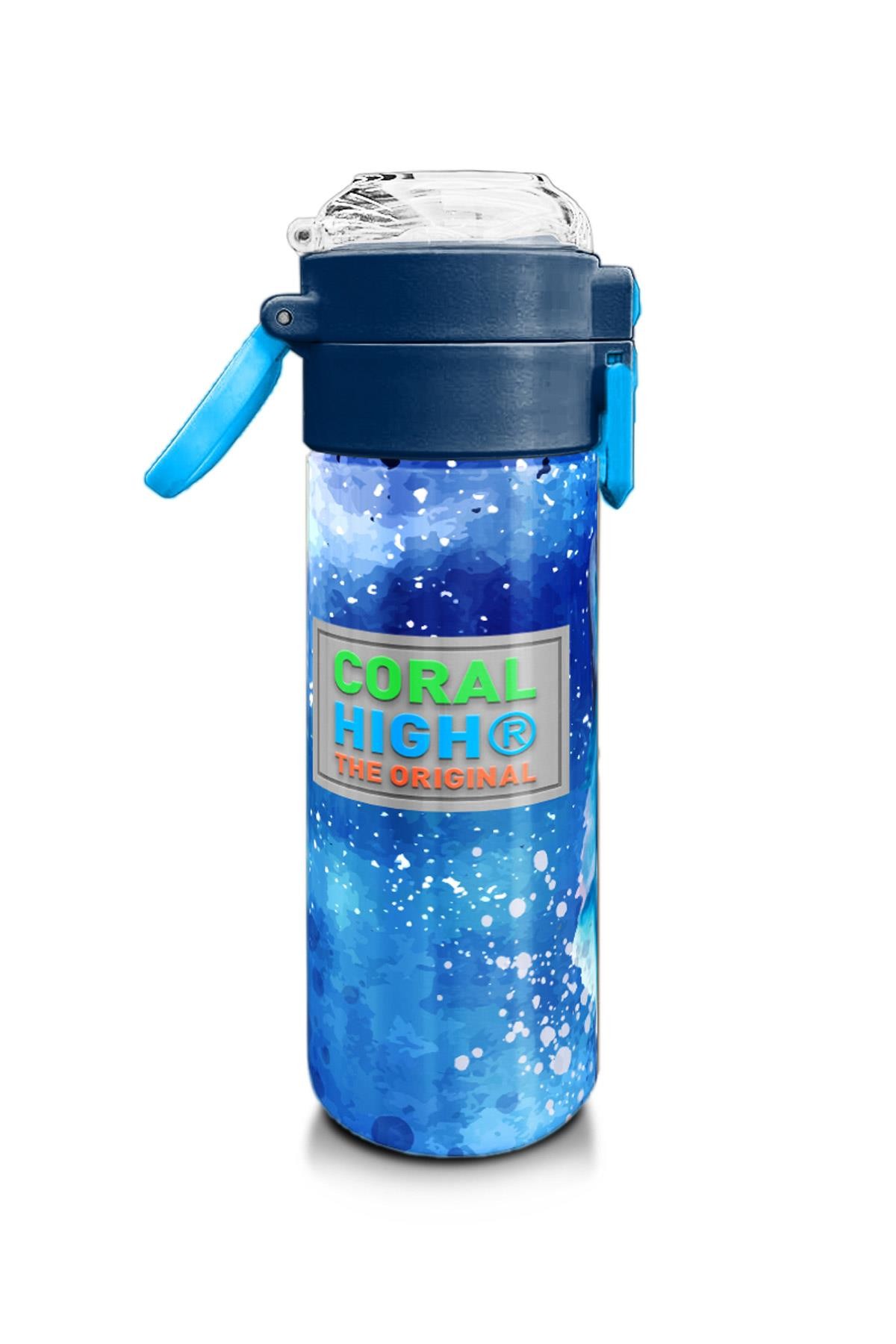 Coral High Kids Lacivert Mavi Kurt Desenli Pipetli ve Direkt İçim Çelik Termos 500 ml 31945