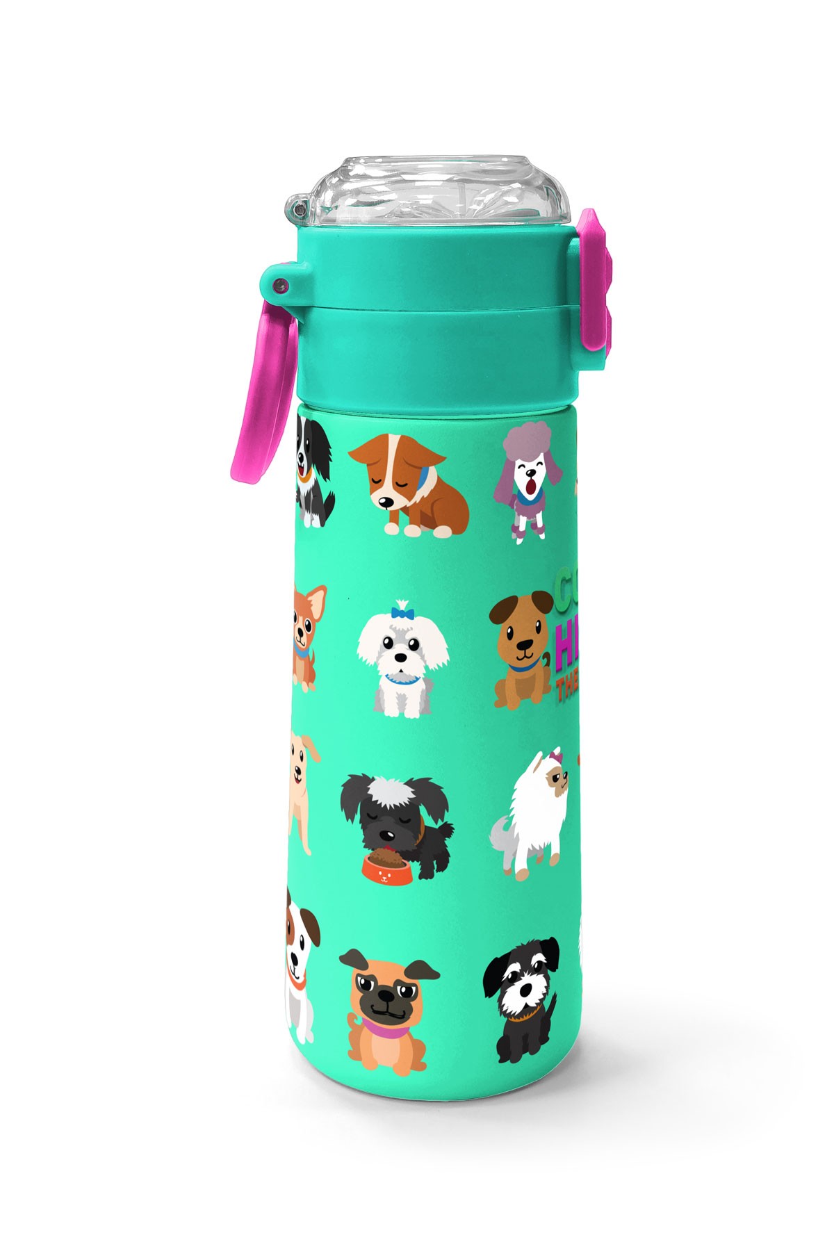 Coral High Kids Su Yeşili Neon Pembe Köpek Desenli Pipetli ve Direkt İçim Çelik Termos 500 ml 31913