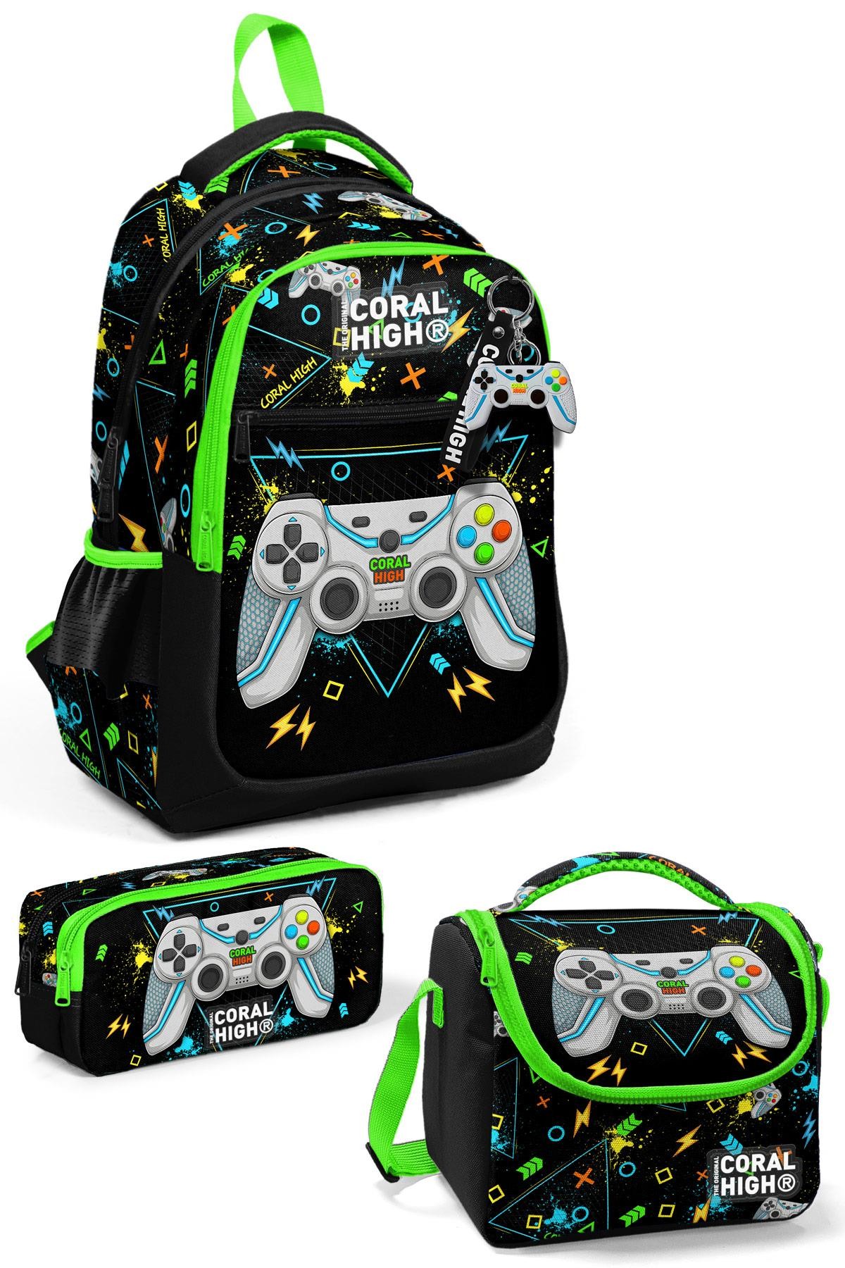 Coral High Kids Siyah Fosforlu Yeşil Gamer Desenli 3’lü Okul Çanta Seti SET0123654