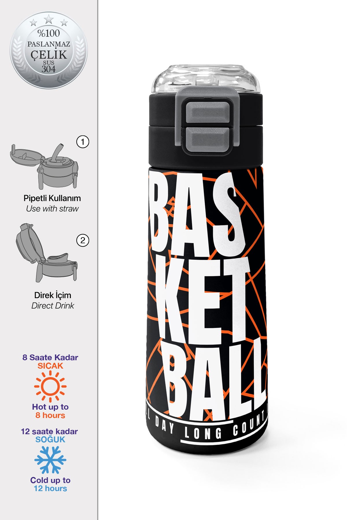 Coral High Kids Siyah Basketbol Desenli Pipetli ve Direkt İçim Çelik Termos 500 ml 31852