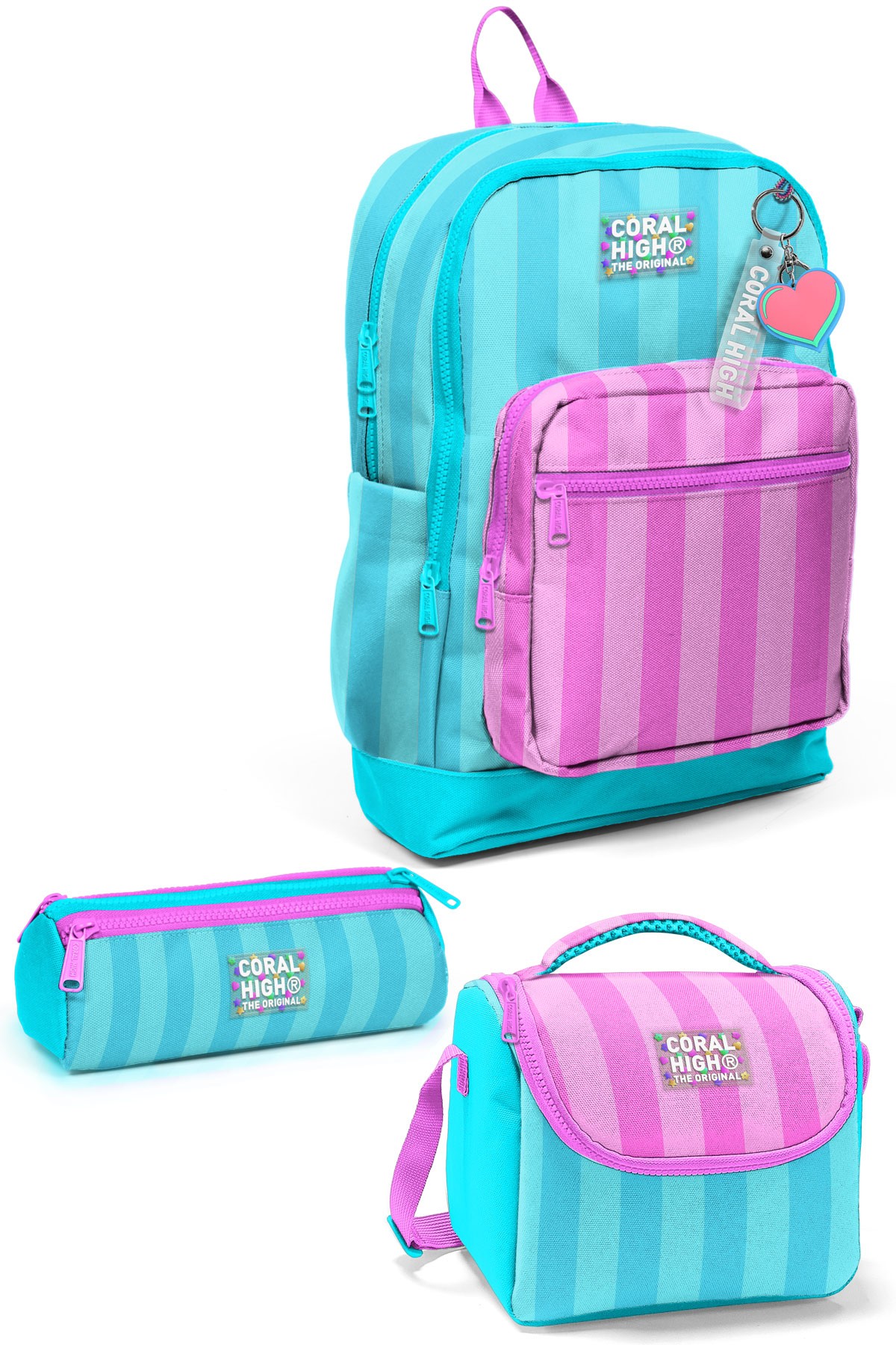 Turkuaz Pembe Çizgili 3 lü Okul Çanta Seti SET0123771